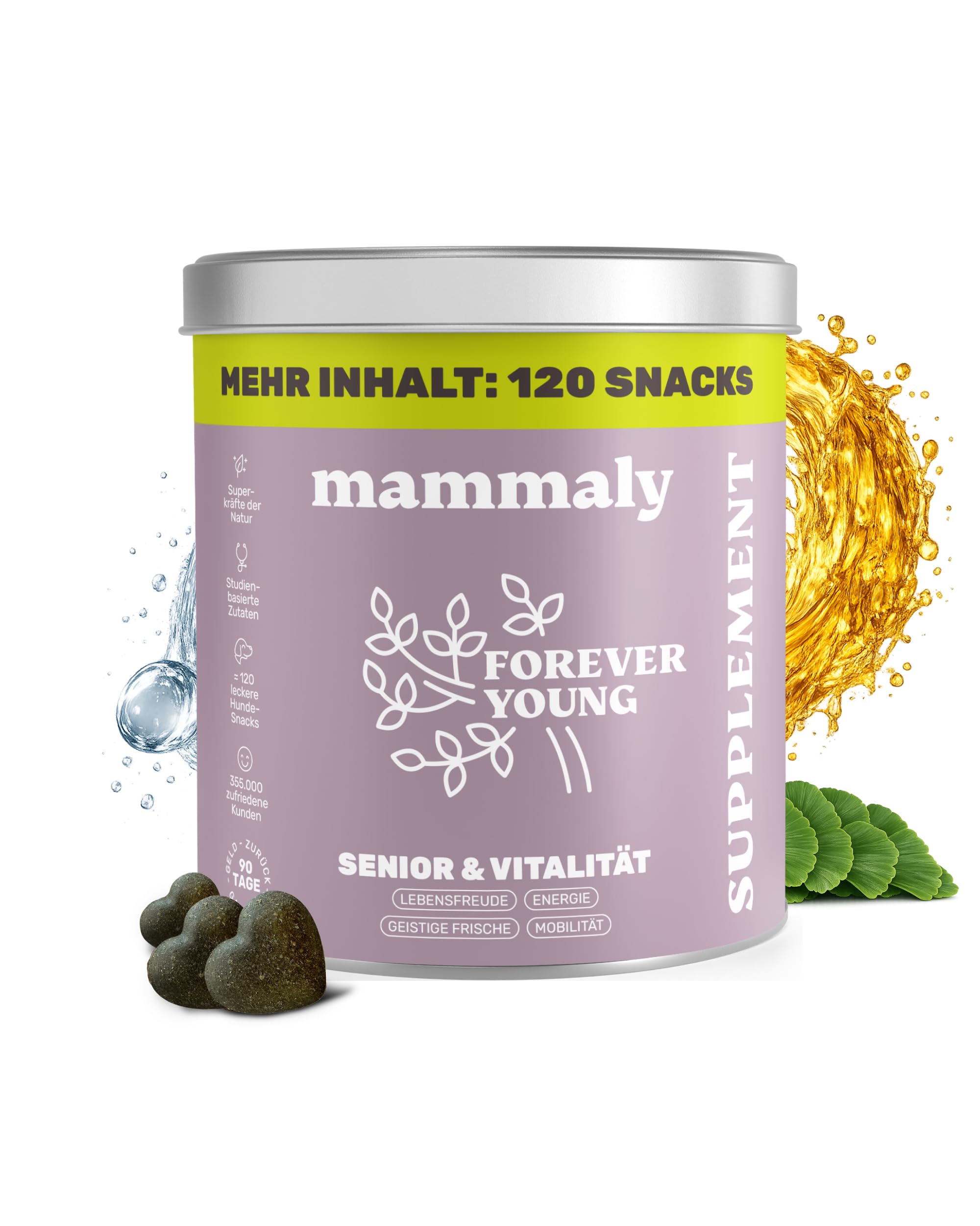 6-in-1 Vital-Komplex für Senior Hunde - Forever Young 120 Snacks (350g) von mammaly - Mit Ginko, Kurkuma, Bierhefe, Kollagen, L-Carnitin & Mikroalgen für den Alten Hund