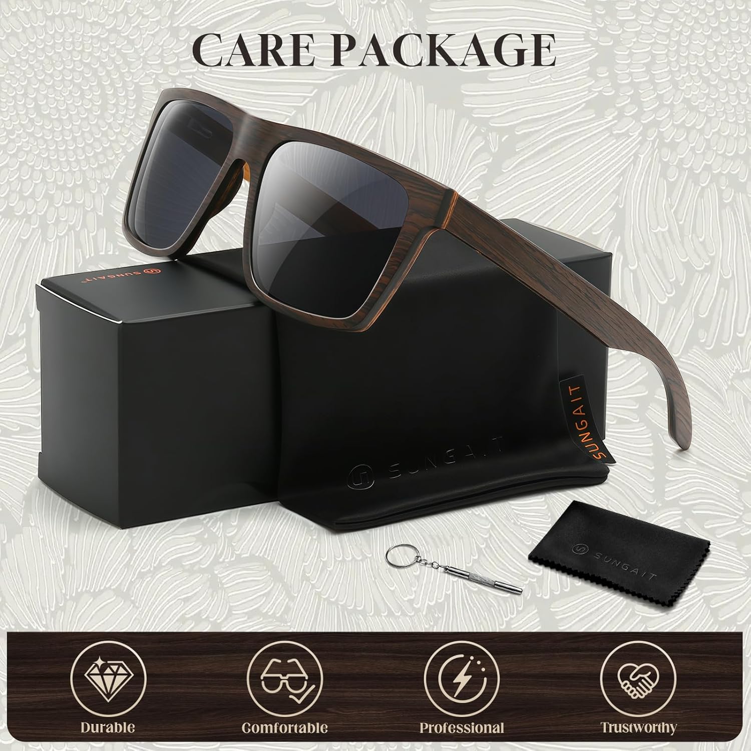 SUNGAIT Walnut & Oak Zebra Wood Sunglasses All-wooden Frame with Grey Polarized Lens Gifts for Men & Women - Image 6
