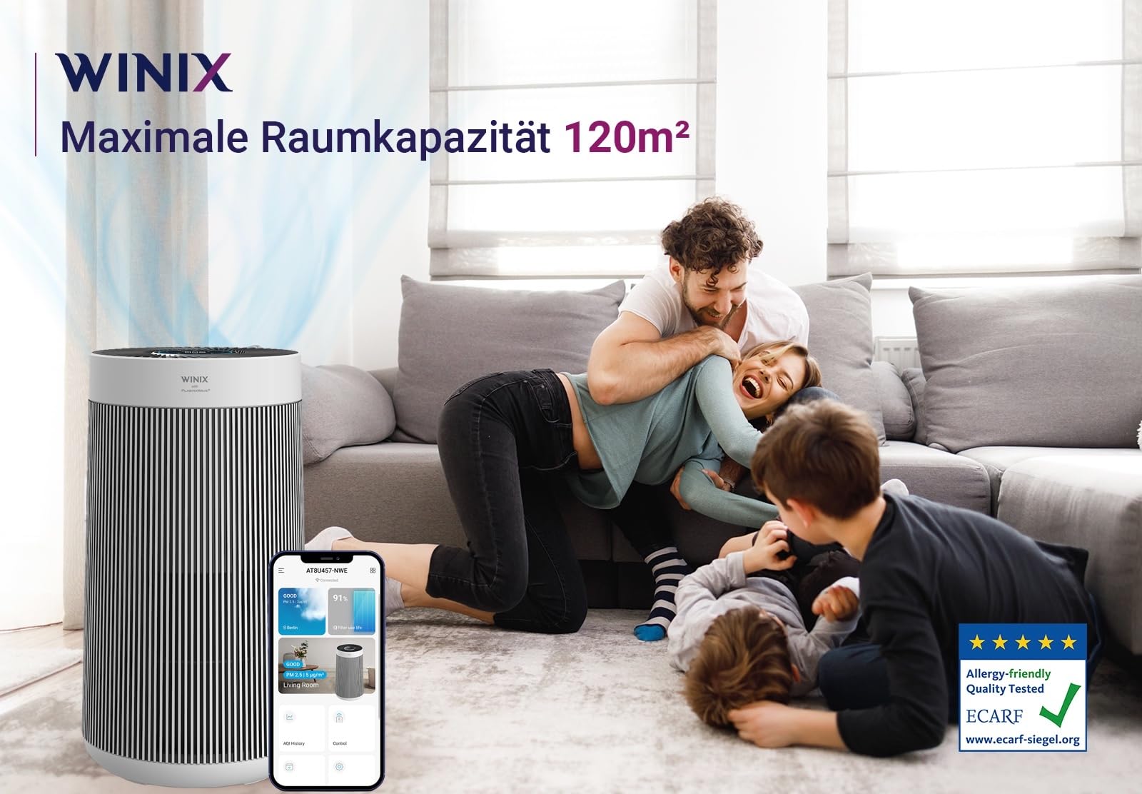 WINIX T800 Smart HEPA oczyszczacz powietrza WiFi Alexa, 99,99% wydajność filtra, CADR 500 m³/h na 120 m², pokój dla palących i alergików, sterowanie aplikacją, technologia PlasmaWave, filtrowanie pyłu