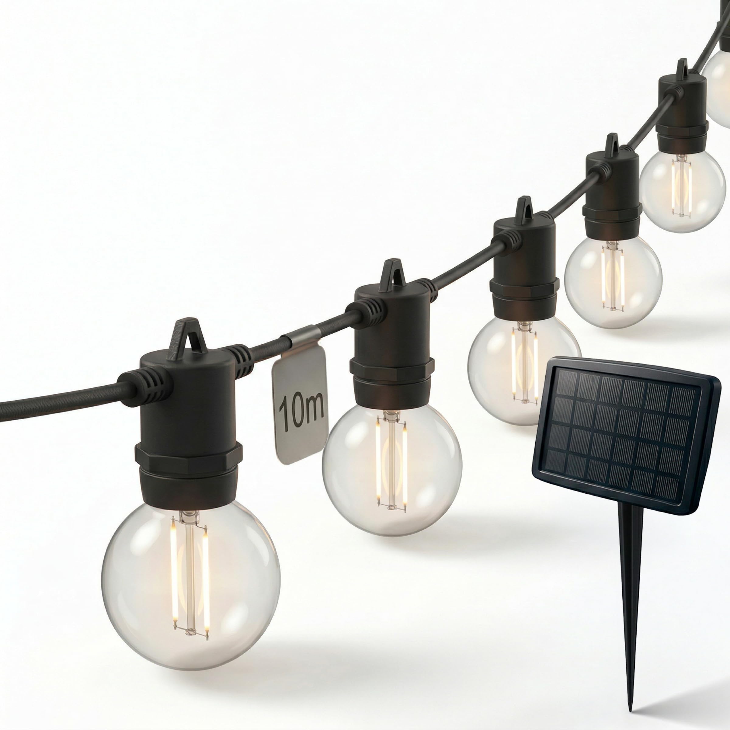 CALEX Vista Guirlande Solaire 10 m/33 pi, Éclairage LED de Jardin, 20 Ampoules, Guirlande Étanche IP44, Éclairage Chaleureux, Télécommande Incluse