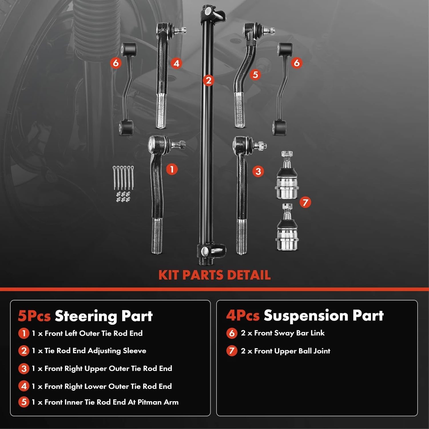 A-Premium Set of 9, Front Sway Bar Link, Upper Ball Joint, Inner & Outer or Upper Lower Outer Tie Rod End, Compatible with Jeep WJ Series - Grand Cherokee 1999 2000 2001 2002 2003 2004