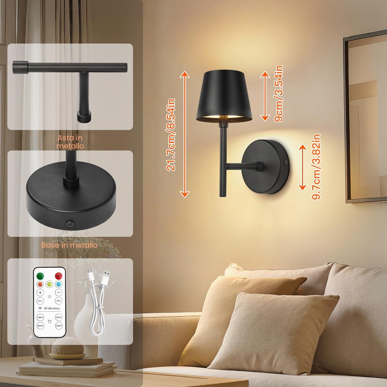 Ketom 2 Pezzi Applique da Parete Interno Senza Fili, con Telecomando | Lampada da Parete Interno Ricaricabile con Telecomando, Lampada da Muro a Batteria, 3 Temperatura Colore, Timer, Dimmerabile
