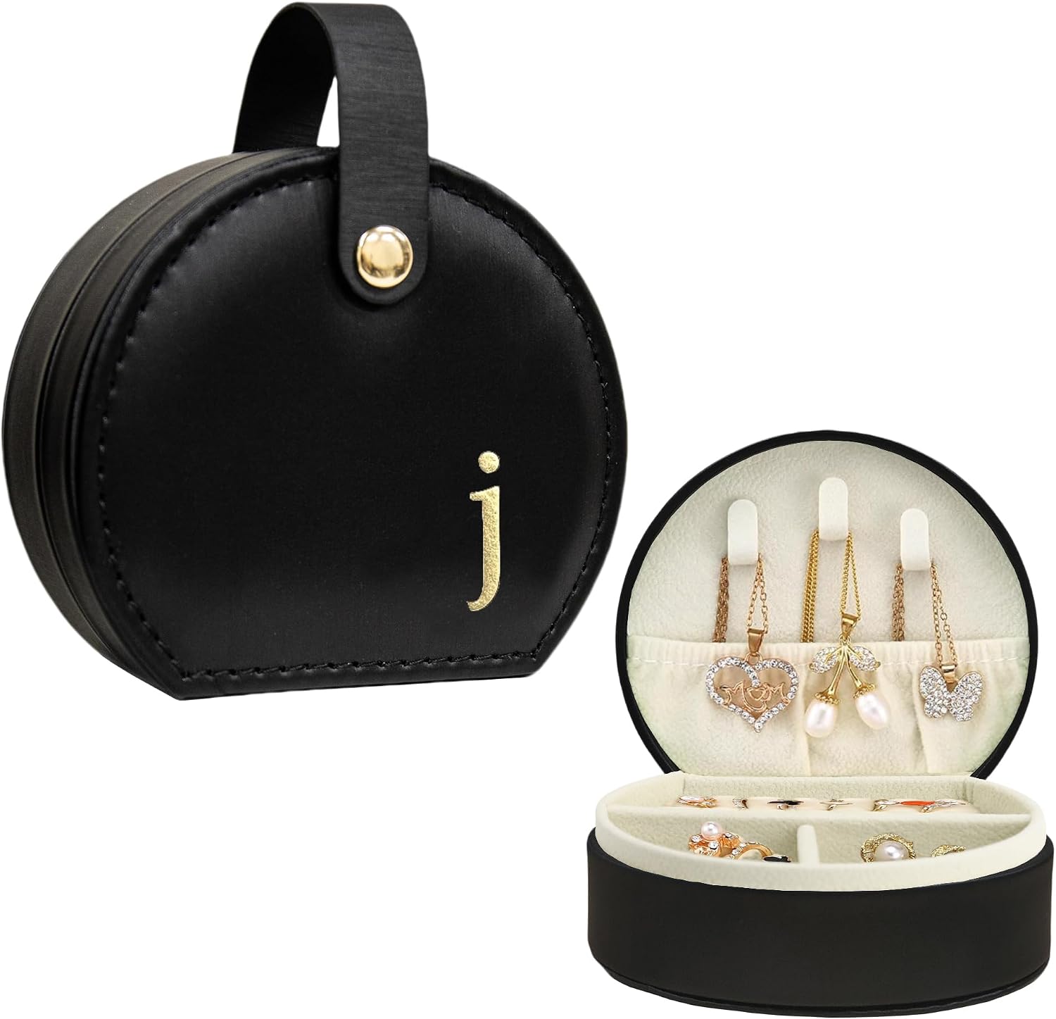 COLLECTIVE HOME - Travel Jewelry Case, Elegant Half-Moon Design with Gold Monogram, Detachable Handle, Personalized Accessory Organizer, Gift for Fashion-Forward Women and Teens, Black (j)