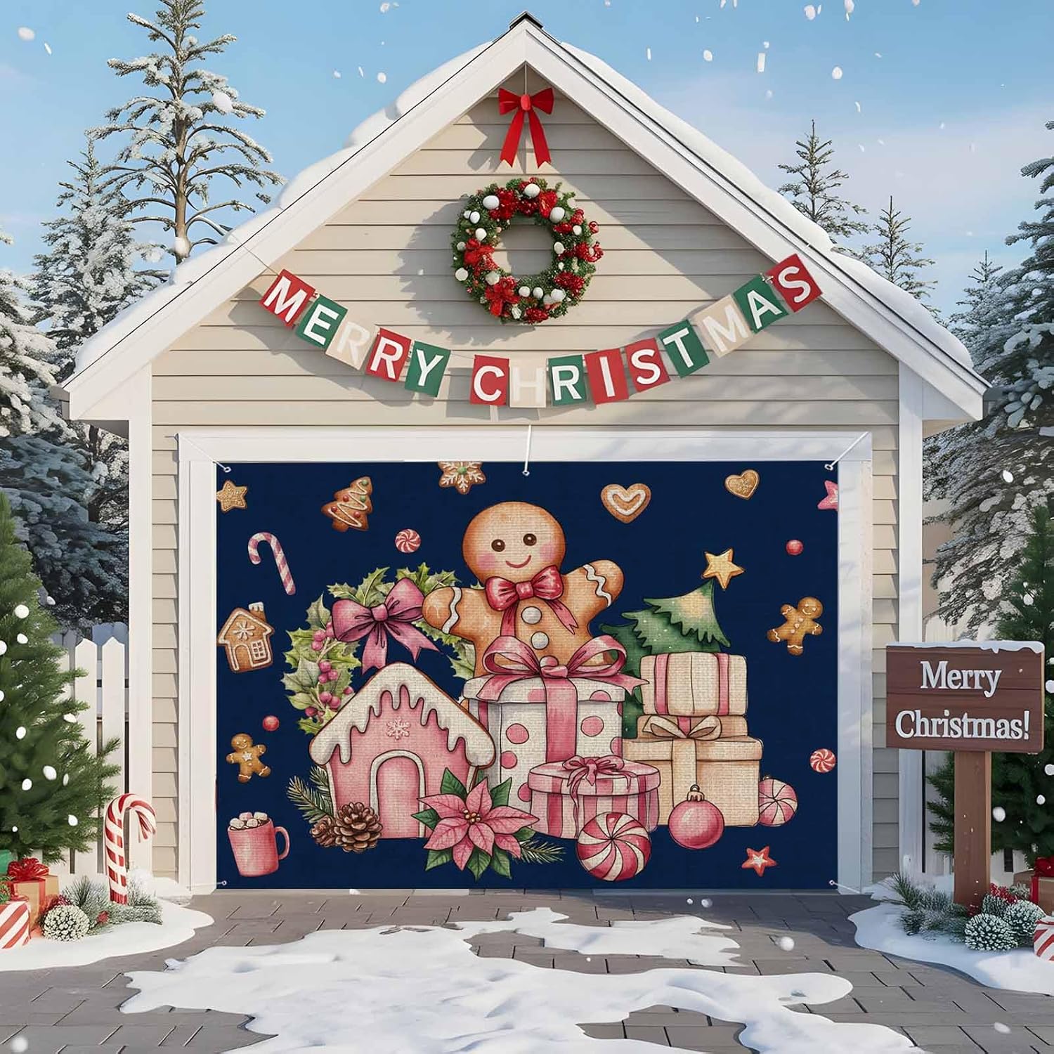Garage Door Cover Banner 7x16 Ft, Navy Blue Gingerbread Christmas Garage Door Decorations for Christmas/Thanksgiving, Xmas Tree Gift House Star Large Hanging Backdrop Covers for Outdoor Holiday