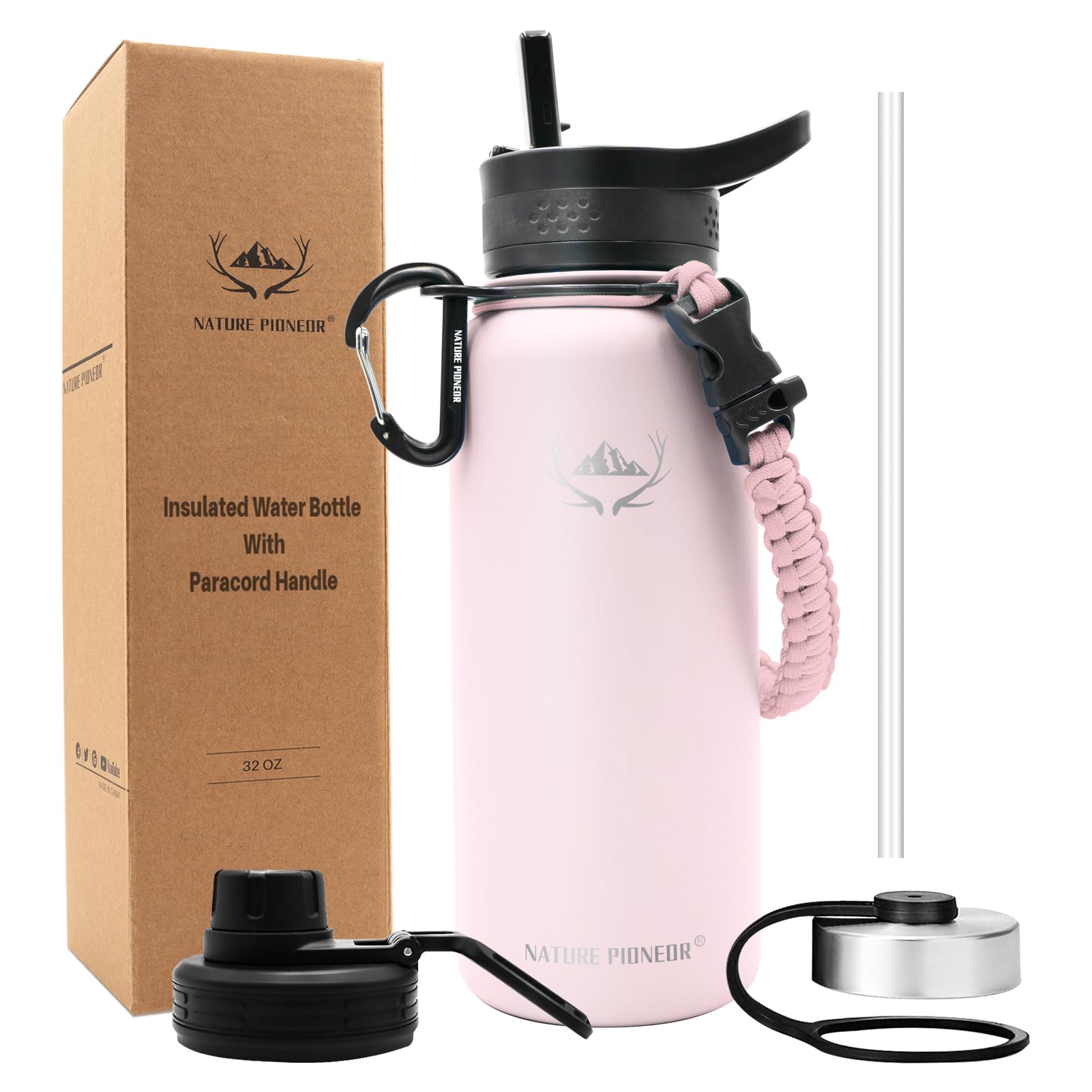 NATURE PIONEOR Insulated Water Bottles with Paracord Handle - 32 oz Vacuum Sports Wide Mouth Water Bottle with