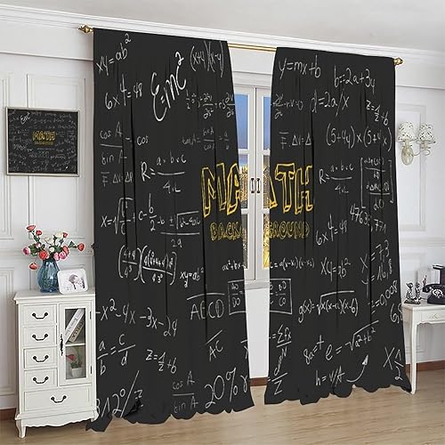 Miniatura 4 de Cortinas de pizarra de matemáticas, diseño geométrico, matemáticas, física, fondo negro, cortinas opacas con bolsillo para barra, para dormitorio,
