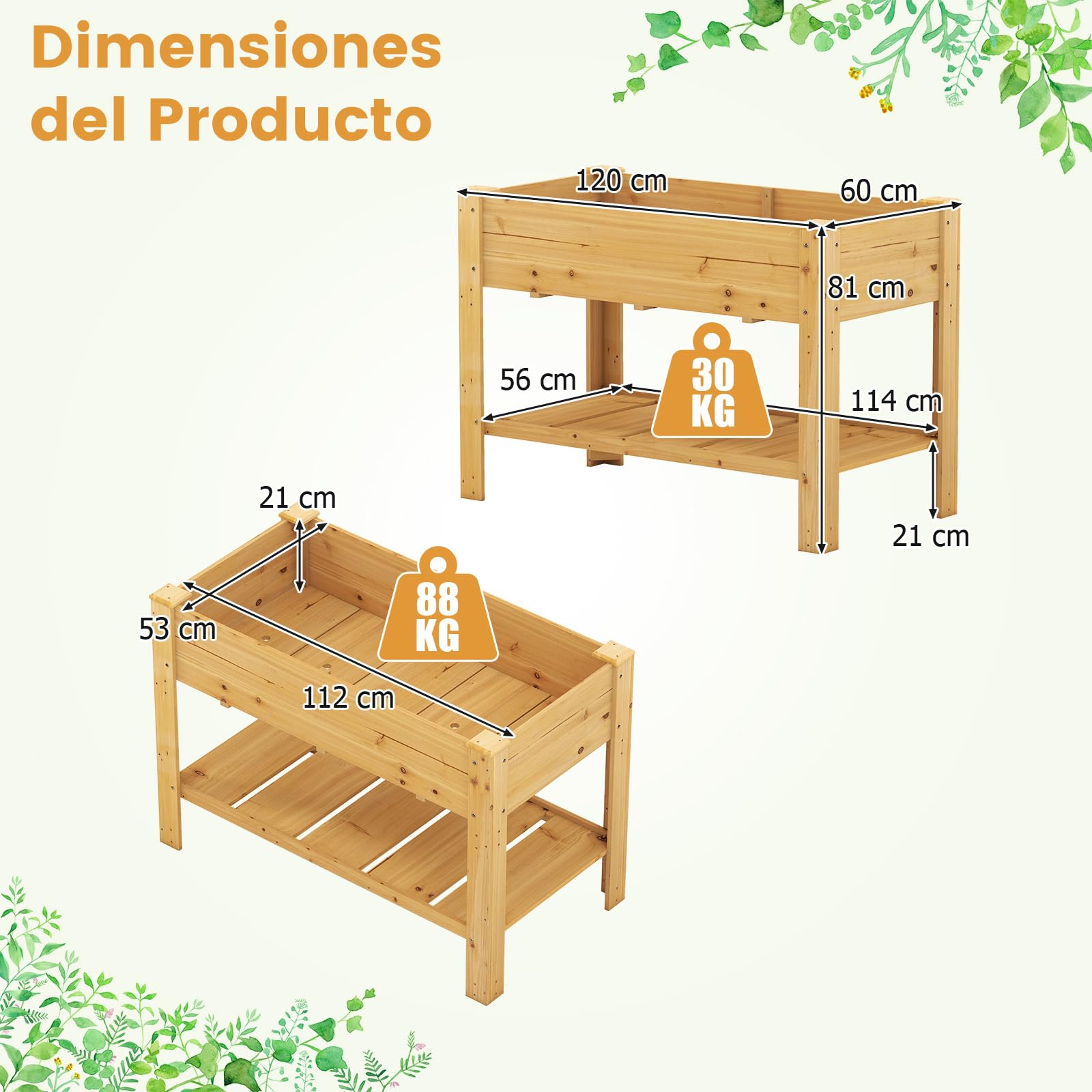 COSTWAY Cama de Jardín Elevada de Madera, Jardinera Elevada con Estante, Drenaje, Contenedor para Flores, Hierbas, Vegetales, Caja de Plantar para Interiores y Exteriores, 120x60x80 cm (Natural)
