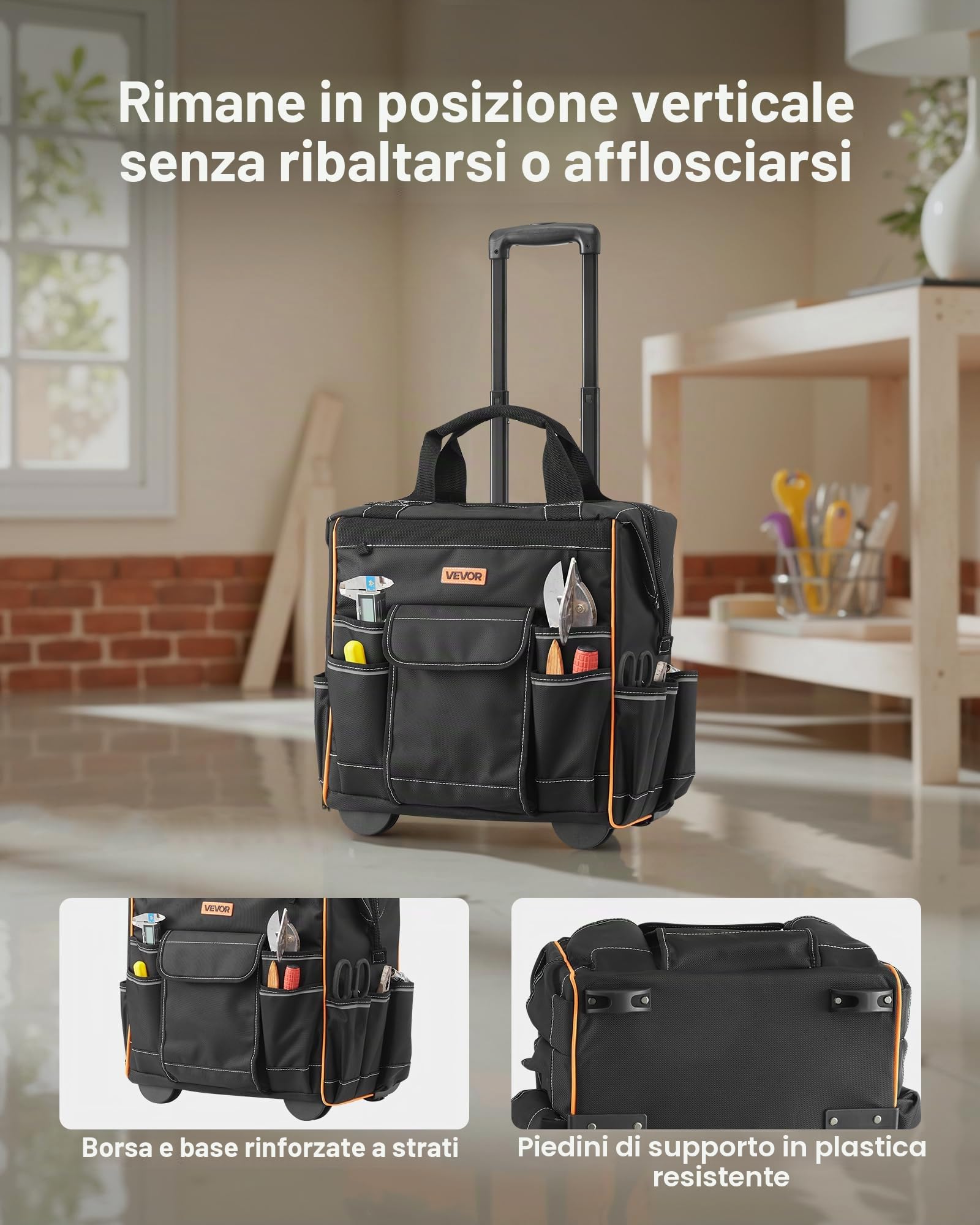 VEVOR Zaino Portautensili con Ruote, Capacità max. 50 kg, Borsa Portautensili con Ruote da 25 Tasche, Maniglia Telescopica Regolabile, 390 x 290 x 420 mm, Organizzatore per Borse per Lavoro
