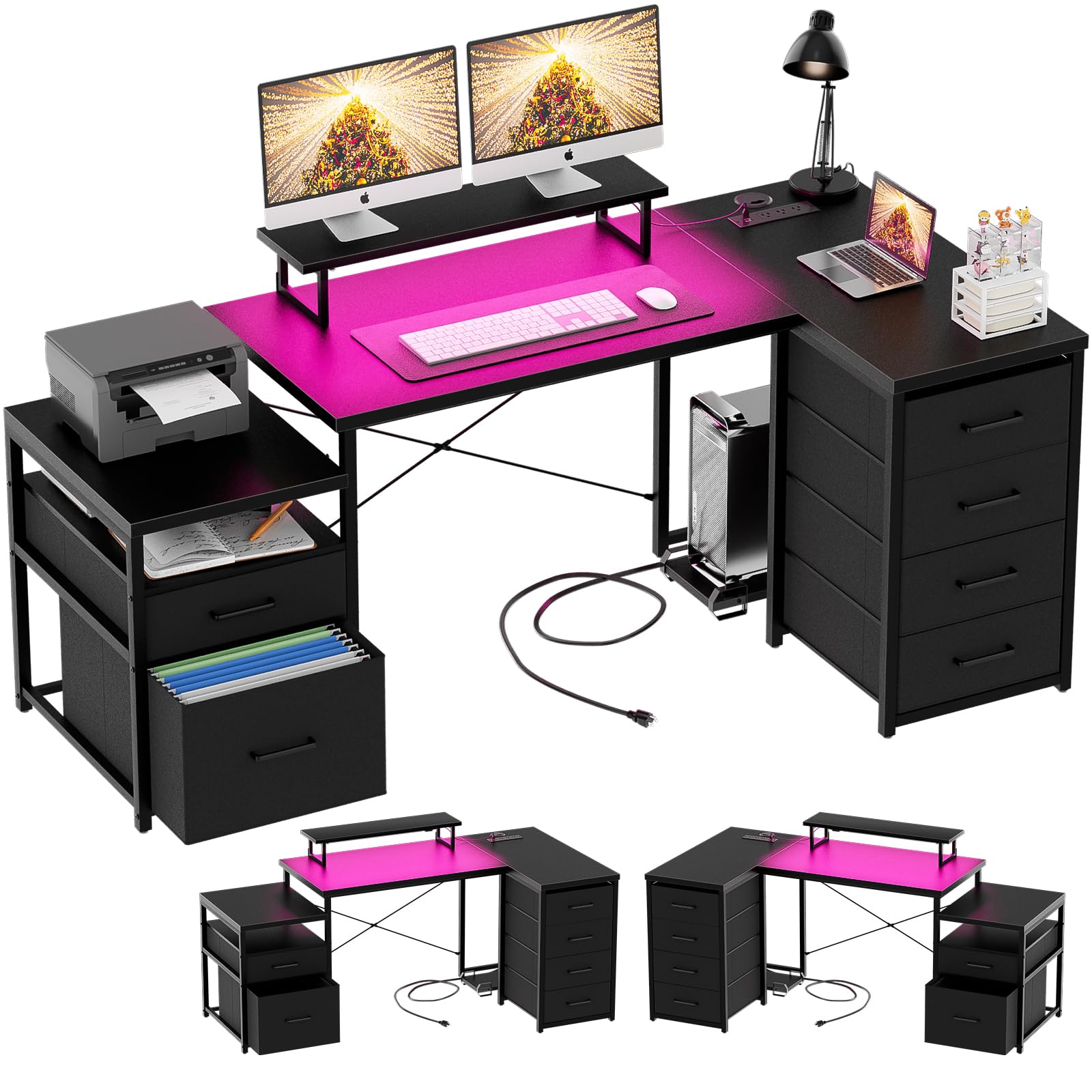 Unikito Reversible L Shaped Computer Desk with Fabric File Drawers, 70.8" Large Office Corner Desk with RGB LED Lights & Power Outlets & Monitor Stand