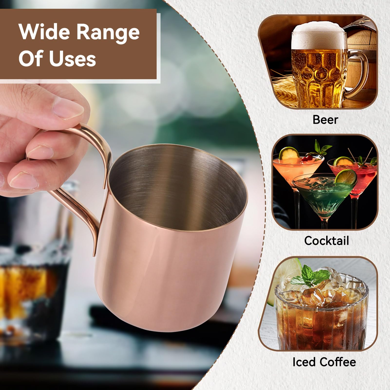 Moscow Mule Mugs Set of 2, 10oz Stainless Steel Copper Cups Cocktail Cup Moscow Mule Glasses Mini Moscow Mule Cups Rose Gold Coffee Mugs Wine Milk Beer Mug Fruit Cup for Home Party Bar