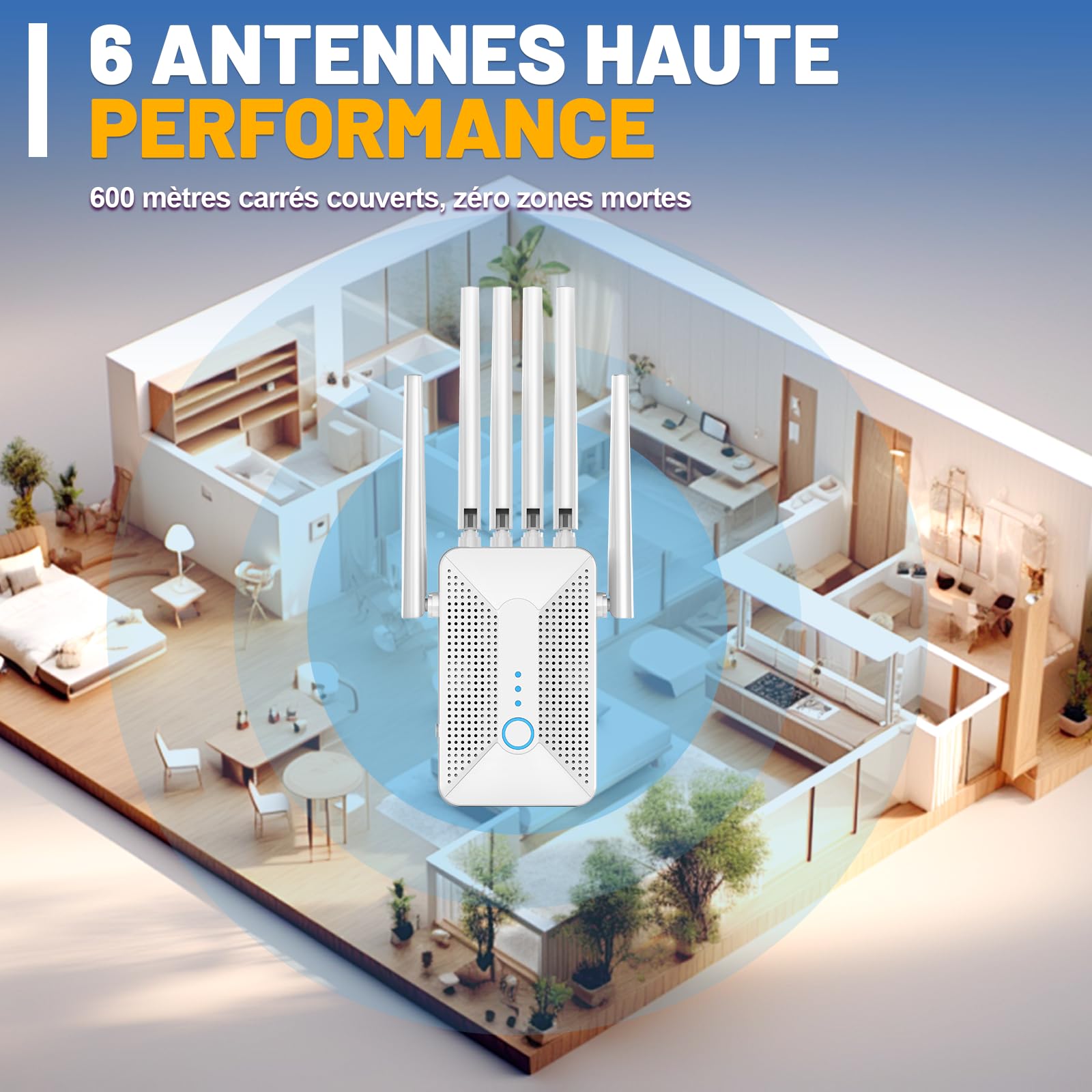 Repeteur WiFi Puissant,Amplificateur WiFi de dernière Technologie avec 6 antennes,Jusqu’à 600㎡ de Couverture WiFi,1 Port Ethernet,Augmente la Couverture WiFi,Configuration Facile - 3