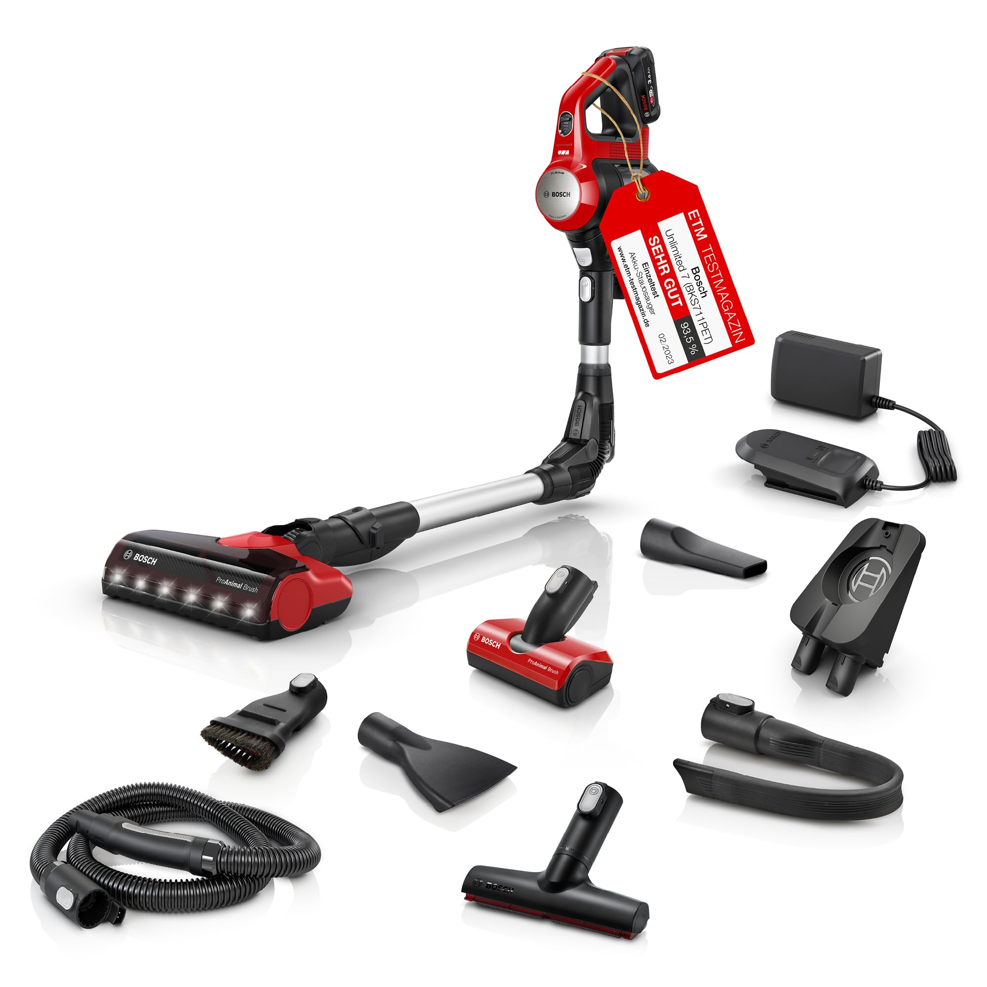 Bosch Akku-Staubsauger Unlimited 7 ProAnimal BKS711PET, kabelloser Tierhaar-Staubsauger, beutellos, Knickrohr, Hygiene-Filter, 10 Jahre Motorgarantie, XXL-Polsterdüse, LED-Beleuchtung, Turbostufe, rot