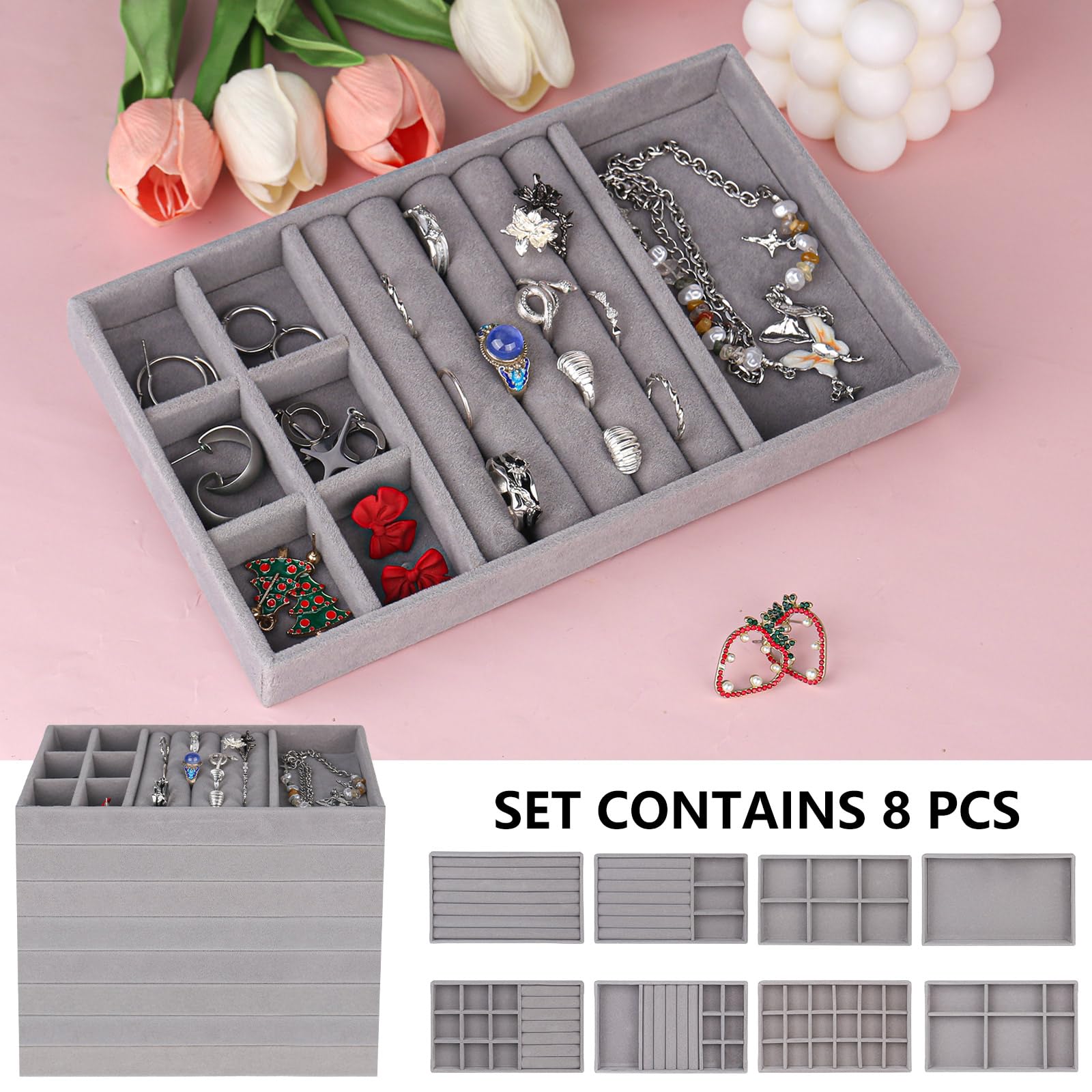 8 Pezzi Organizer Gioielli da Cassetto Velluto, Vassoio Porta Collane, Porta Gioielli Donna per Anelli, Collane, Orecchini e Bracciali