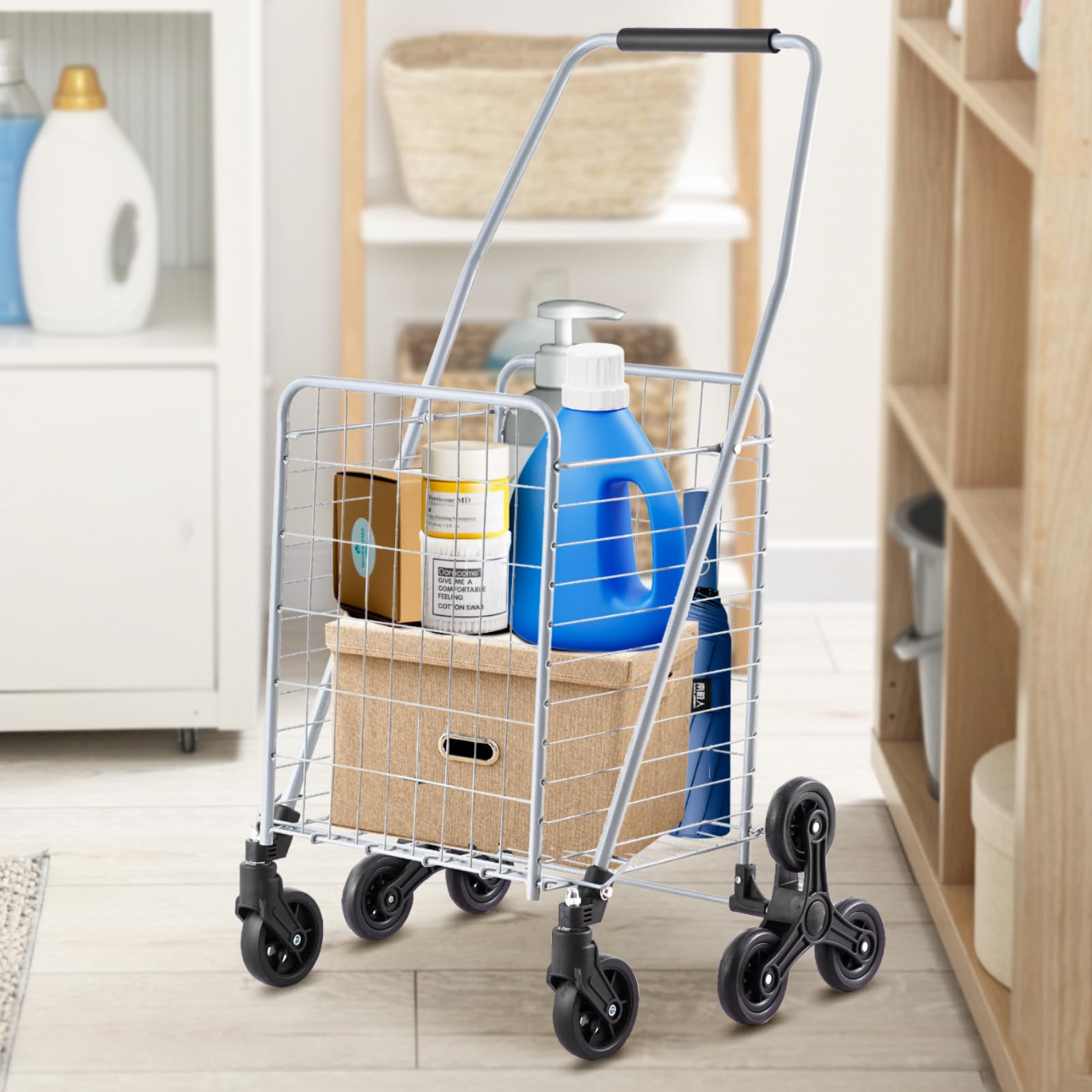VEVOR Carrello della Spesa per Salire Scale da 45 L con Ruote Girevoli a 360°, Carrello Multiuso per Salire Scale con Tre Ruote, Carrello per Scale, Pieghevole e Leggero per Bucato in Viaggio, Argento