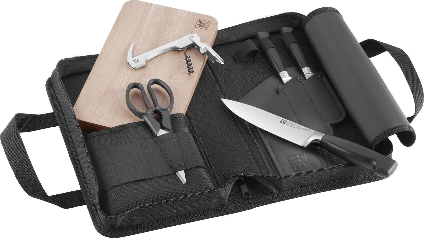 ZWILLING Vier Sterne Traveller Set/Messerset 7-tlg, für Camping, Set aus 3 Messer, Schneidbrett, Kellnermesser, Schere & Transporttasche