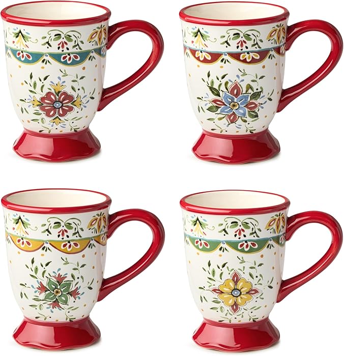 Provence 18 oz. Mugs Set of 4 – Assorted French Country Designs – Rustic Farmhouse Coffee & Tea Cups – Printed Folk Art Style for Kitchen, Dining, Cocoa, and Hot Drinks