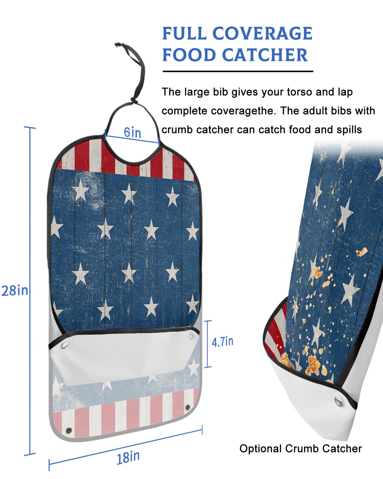 Kewadony Adult Bibs for Elderly Women - 4th of July Waterproof Dining Clothing Protectors with Crumb Catcher for Eating/Feeding, Vintage American Star Independence Day Patriotic Terry Cloth Bib