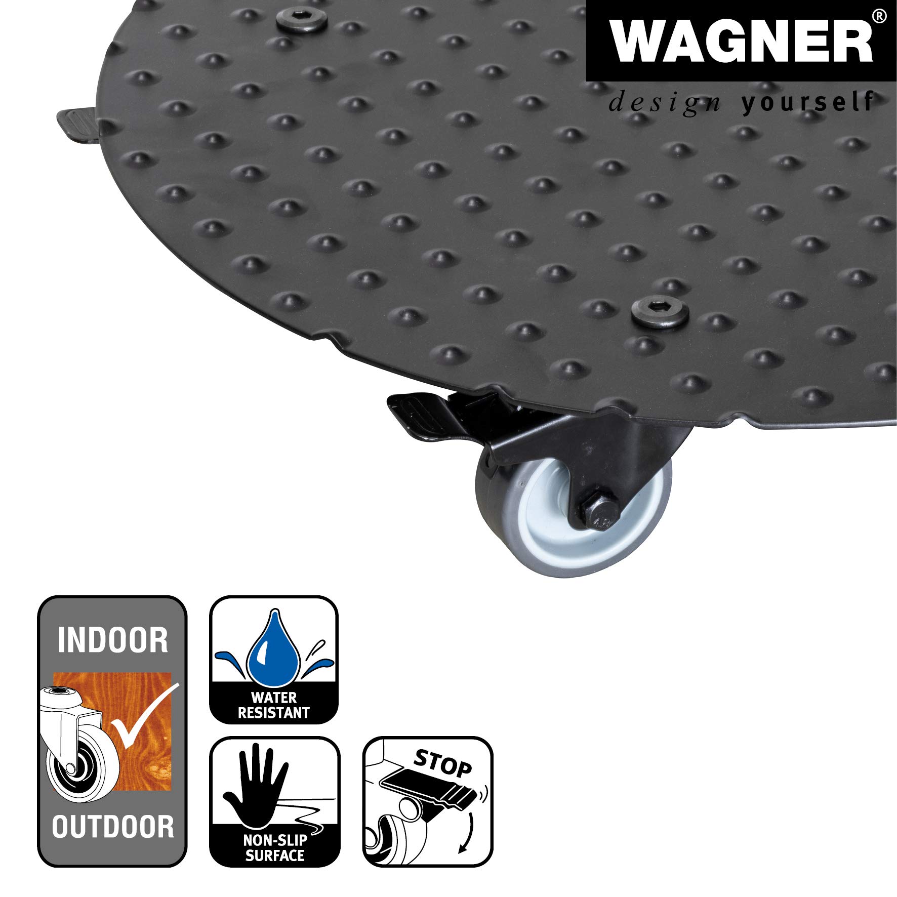 Wagner Soporte con Ruedas para Plantas Alaska Black Ø 38 x 7,5 cm I Carro para Uso Exterior + Interior I Base de Aluminio, Negro I 2 Frenos I Carga MAX. 150 kg I Fabricado en Alemania - 20700601