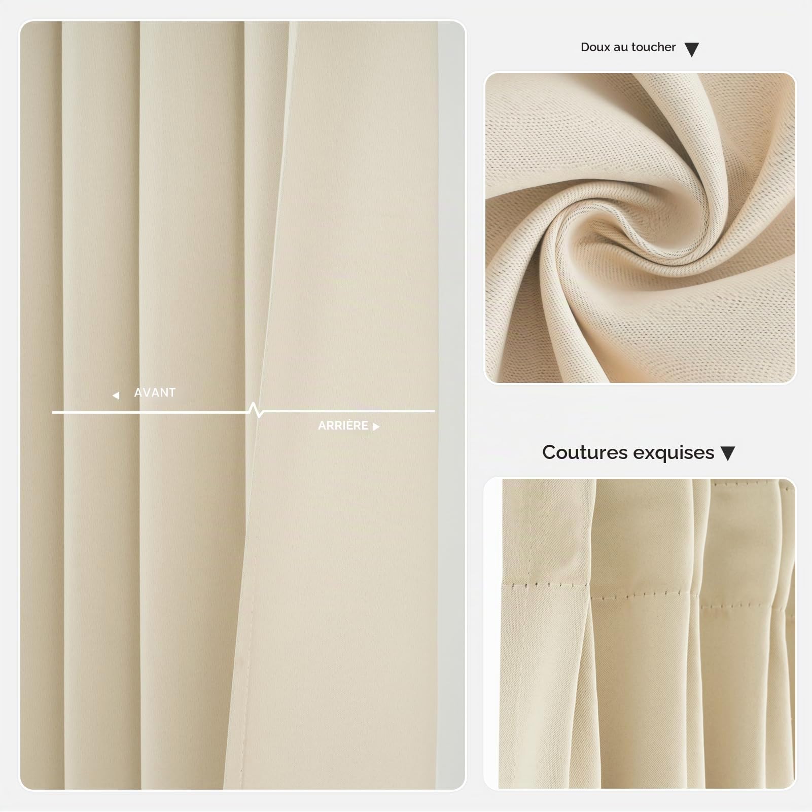 MRTREES Rideaux Beige avec Bande Fronce 175 cm de Long, 140 cm de Large, Rideau occultant Moderne avec Bande Fronce pour Salon, Chambre à Coucher, Cuisine, Chambre d'enfant, 2 pièces
