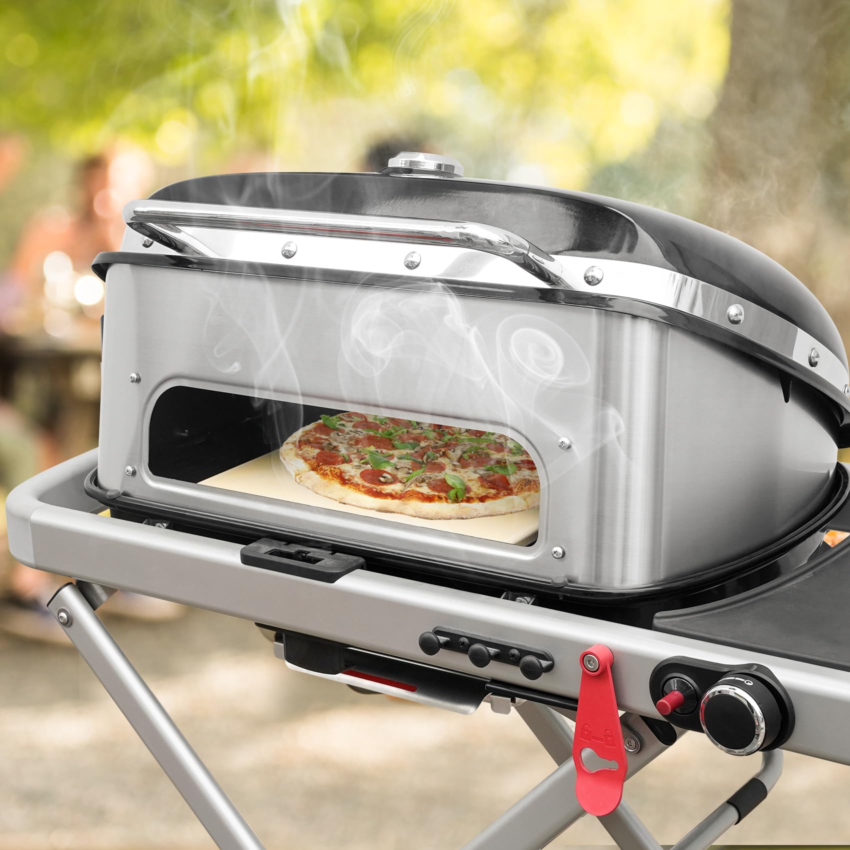 onlyfire Edelstahl Grillspieß Set für Weber Traveler Gasgrill, Pizzaring Set mit Grillspieß, 2X Fleischnadeln und Elektromotor, Rotisserie Drehspieß für Hähnchen, Braten