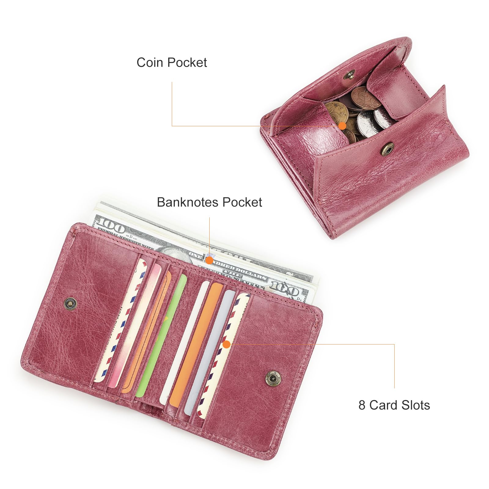 Portefeuille décontracté pour femme 100 % cuir véritable avec poche pour pièces de monnaie pour femme, Beige rose., S, Pochette à monnaie