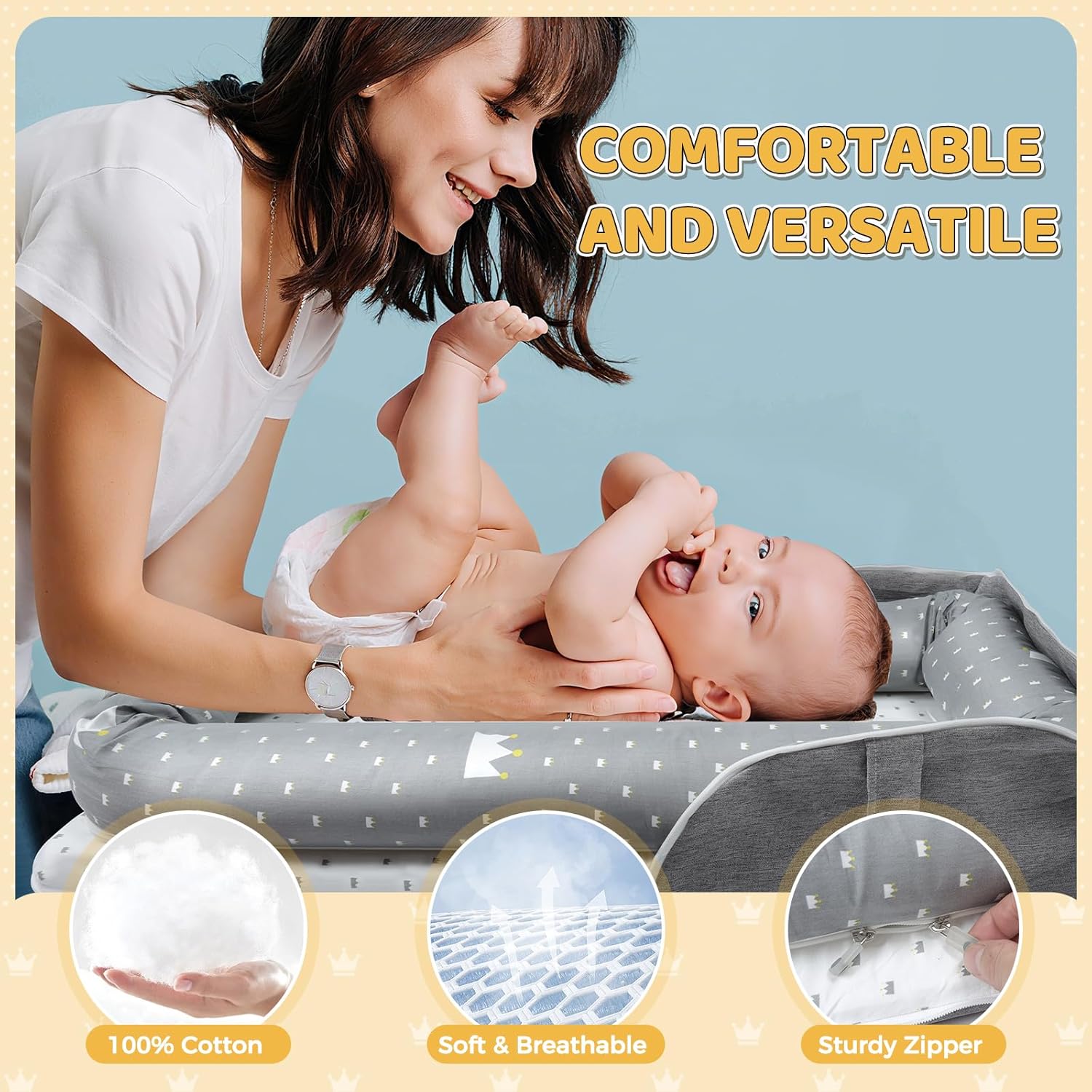 Baby Lounger for Newborn 0-24 Months, Snuggle Cozy Me Portable Infant Lounger with Soft Breathable Cotton, Adjustable Size Lengthen Space Lightweight & Washable Essentials for Home Travel (1. Crown) - Image 3