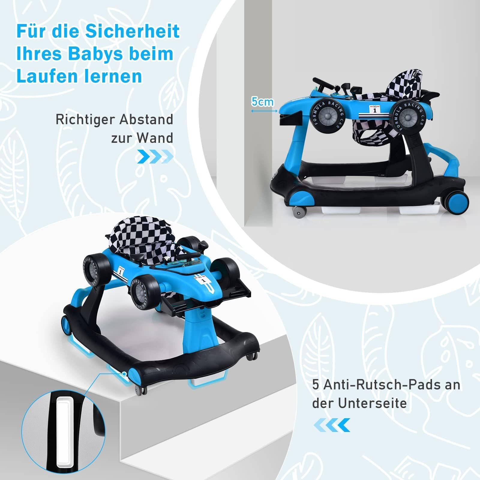 COSTWAY 4 in 1 Lauflernhilfe, Lauflernwagen klappbar mit einstellbarer Höhe & Geschwindigkeit, Baby Walker Autoförmig mit Musikbox, Licht & Rädern, Gehfrei Baby ab 6 Monaten, 12kg Belastbar (Blau)