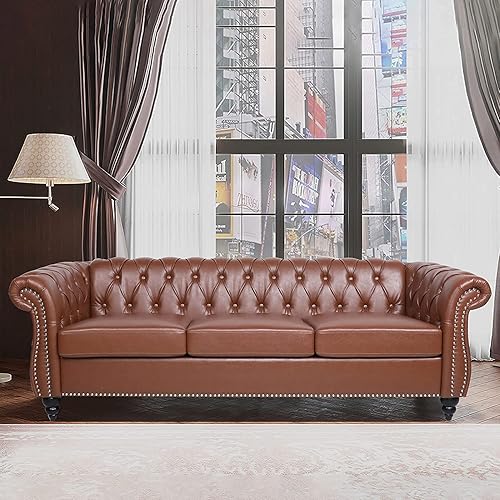 QHITTY Accent Large Sofa, Chesterfield Couch 3 Seater Modern Leather Couch Upholstered Sofa with Tufted Back for Living Room Furniture (Brown)