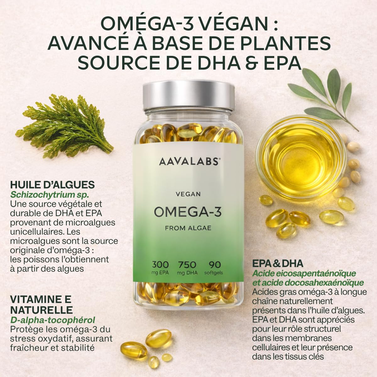 Omega 3 Vegan [1500mg] Oméga 3 d'Huile d'Algue d’Origine Durable Hautement Dosé 750mg DHA + 300mg EPA par Dose - Complément Alimentaire Omega3 100% Végétalien - 90 Gélules
