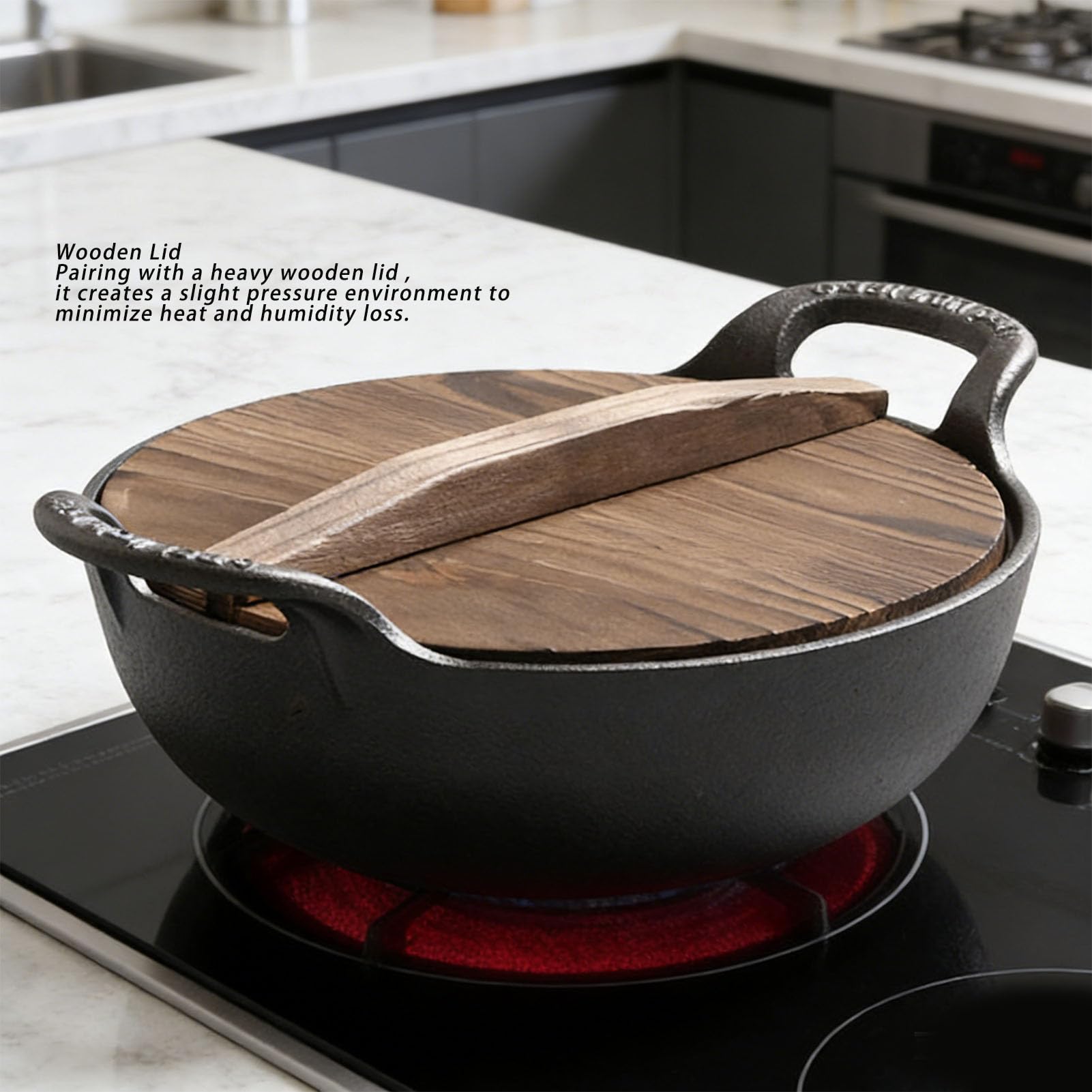 Żeliwny Wok, 30cm Wstępnie Sezonowany Solidny Wok z Drewnianą Pokrywą, Podwójna Pogrubiona Podstawa dla Równomiernego Nagrzewania, Do Użycia w Piecu, Kuchence, Grillu, Ognisku (30 cm / 11,8