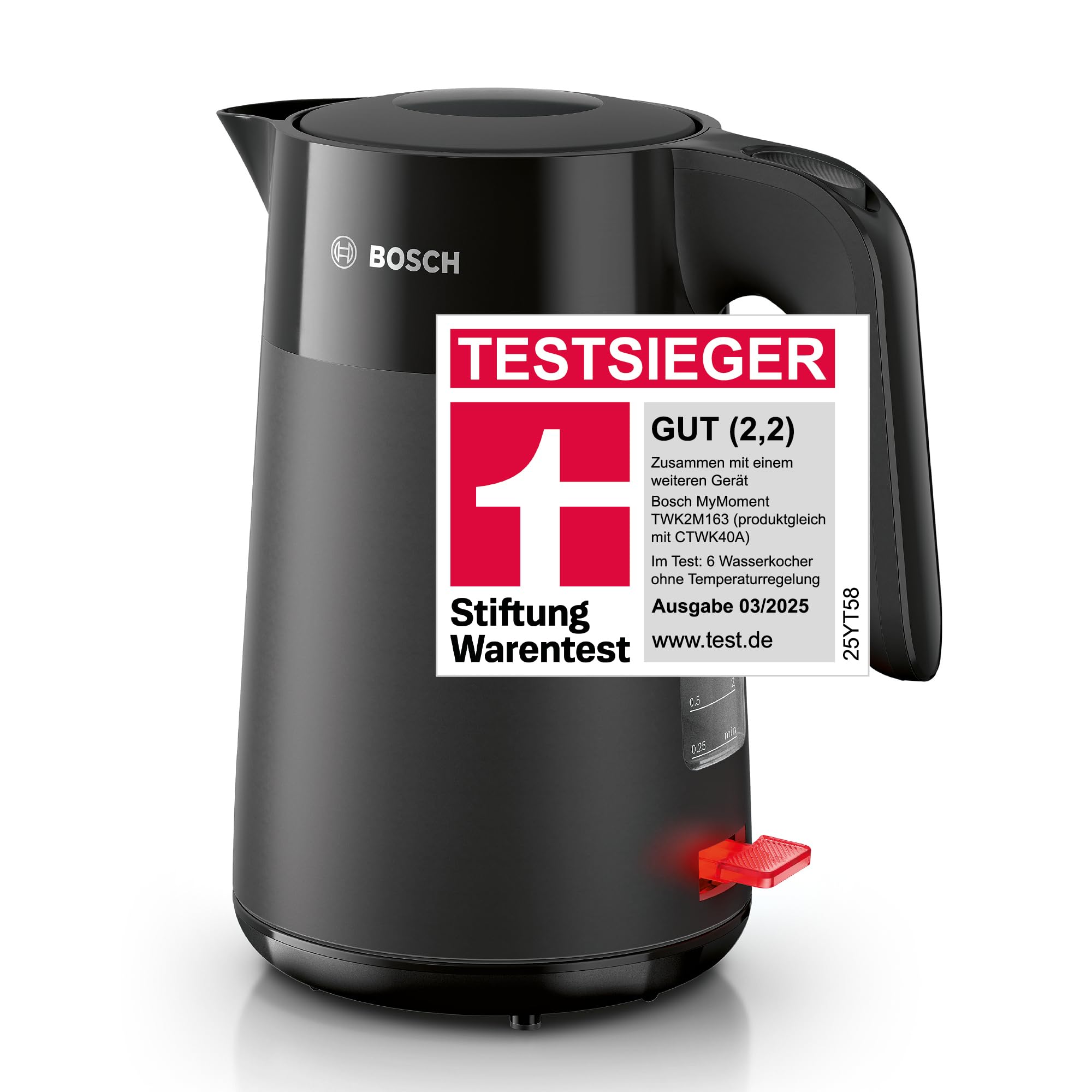 Bosch kabelloser Wasserkocher MyMoment TWK2M163, Abschaltautomatik, Überhitzungsschutz, Tassenanzeige, entnehmbarer Kalkfilter, Trockengehschutz, Dampfstopp-Automatik, 1,7 L, 2400 W, Schwarz matt