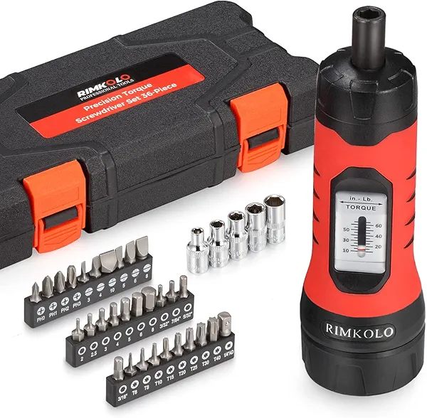 RIMKOLO Torque Screwdriver Wrench Set (10-65 In.lb ±1) with 29 S2 Alloy Bits & 5 Drive Sockets | 1/4" Socket Adapter for Tools, Bike Repair, Mounting | Includes Portable Case