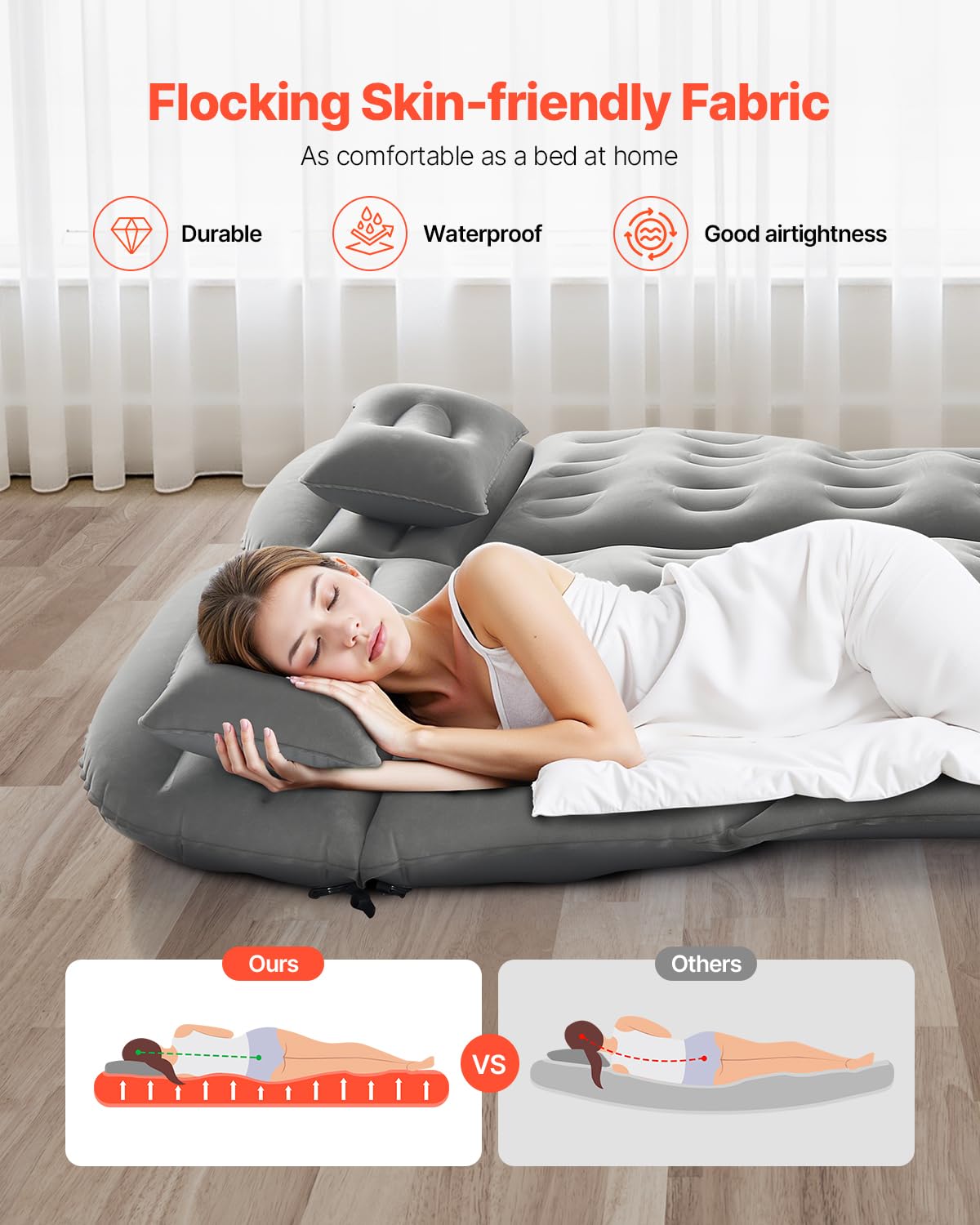 VEVOR Colchón Inflable, Grueso y Aterciopelado, Portátil Cómodo y Duradero, con Bomba de Aire, Boquilla y Bolsa de Transporte, para la Mayoría de SUV, MPV y Sedán, Gris, 1750 x 1330 x 150 mm