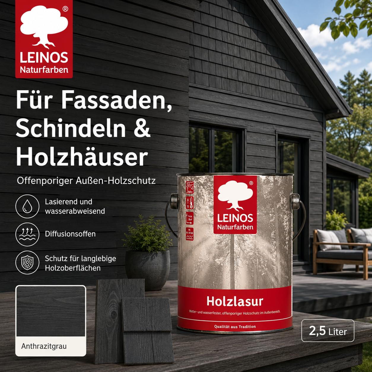 Leinos 260 Barniz para madera para exterior 733 gris antracita 2,5 litros