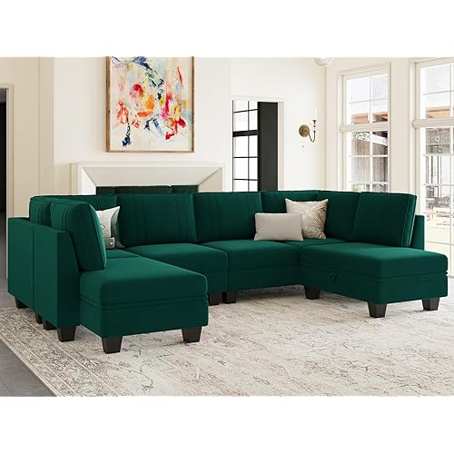 Belffin Sectional Couch with Storage Ottoman, U Shaped Sectional Sofa Couch, Convertible U-Shape Sectional Couch for Living Room, Green