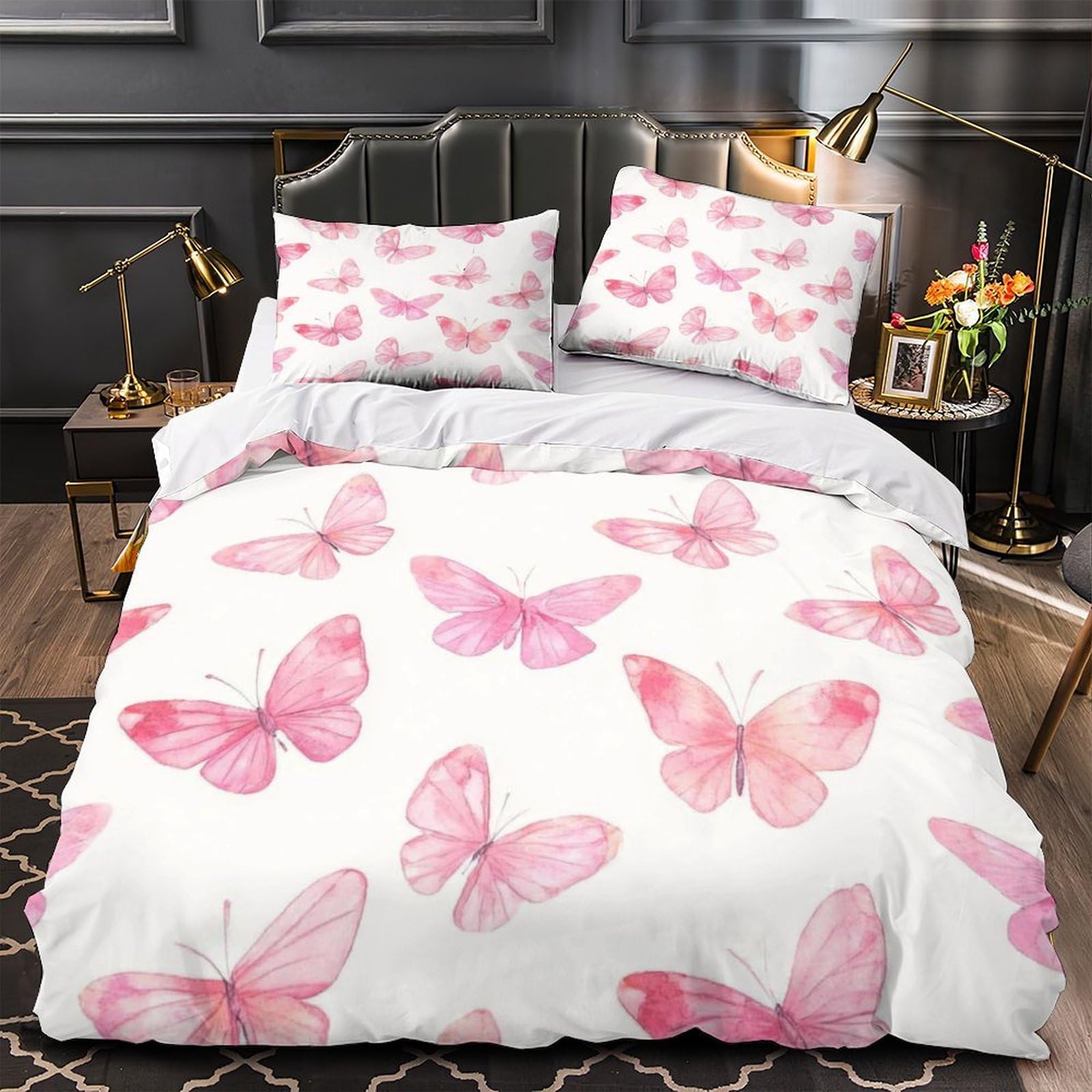 Housse de couette papillons roses hypoallergénique et respirante en microfibre