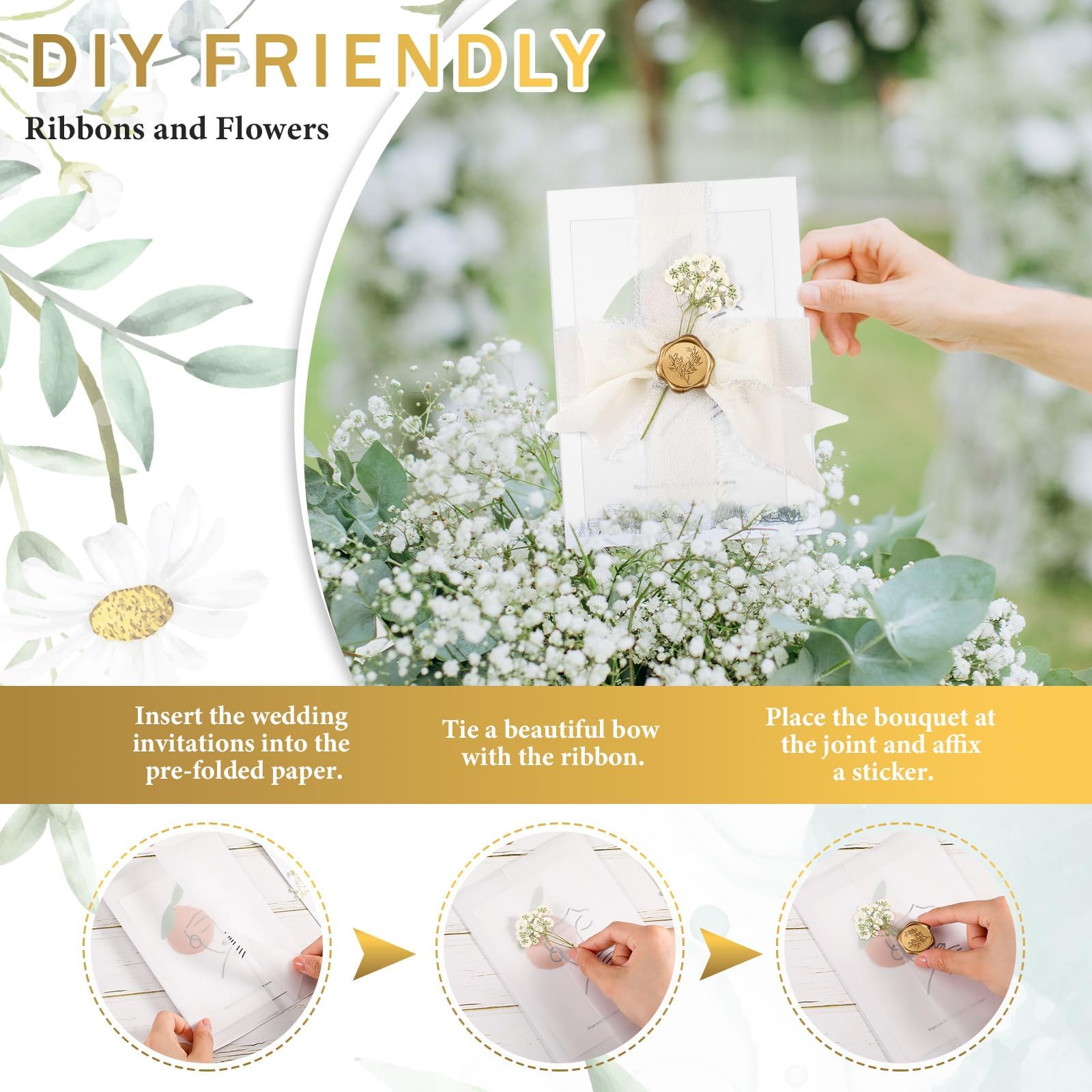 Tazuxetuqe 50 Sets Hochzeitseinladungen Hüllen Set Vorgefaltet Pergament Umschläge Für 13 x 18 cm Einladungen Selbstklebende Gold Siegel Aufkleber Getrocknete