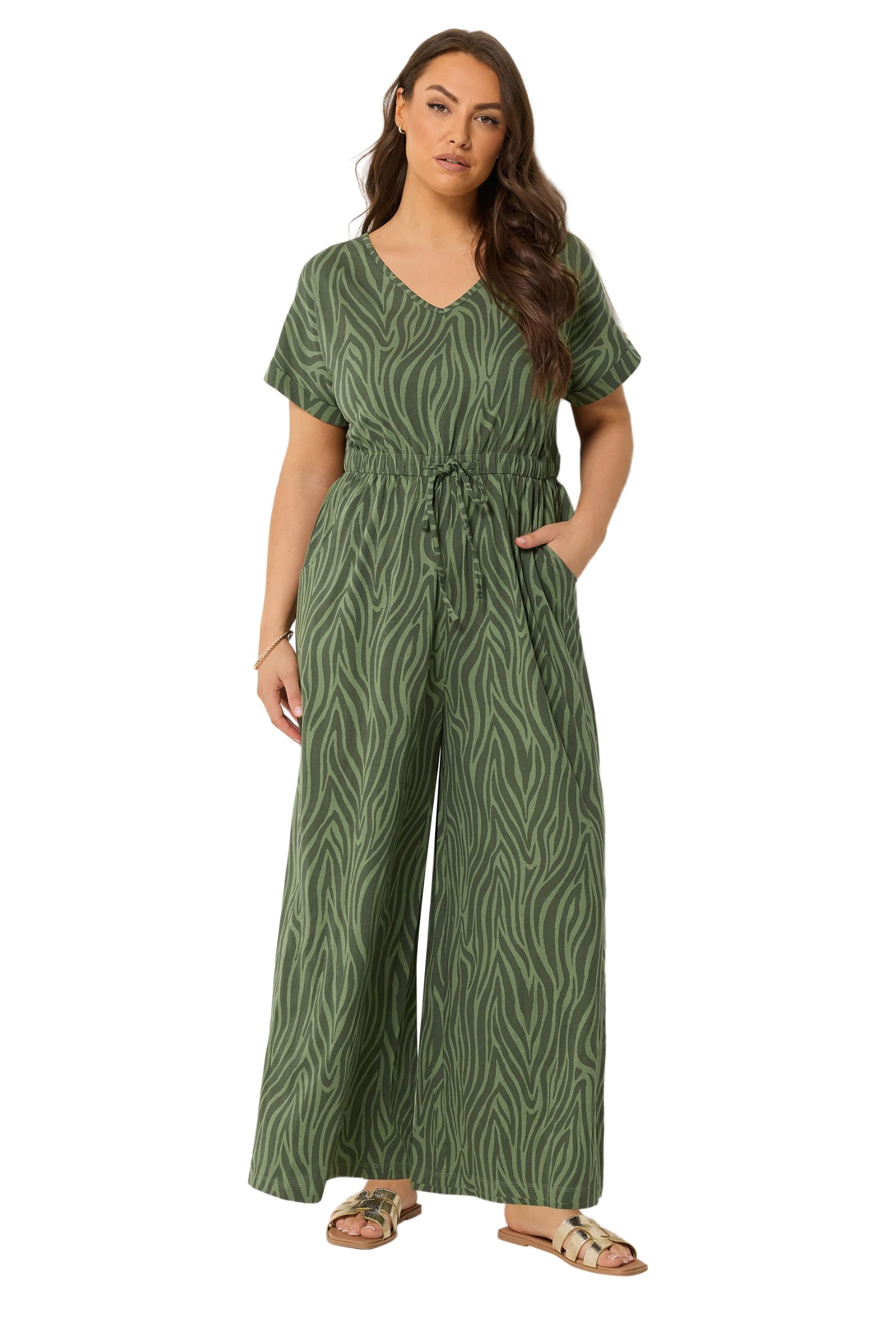 Yours Women's Light Khaki Zebra Print Cotton Jumpsuit In Size 20