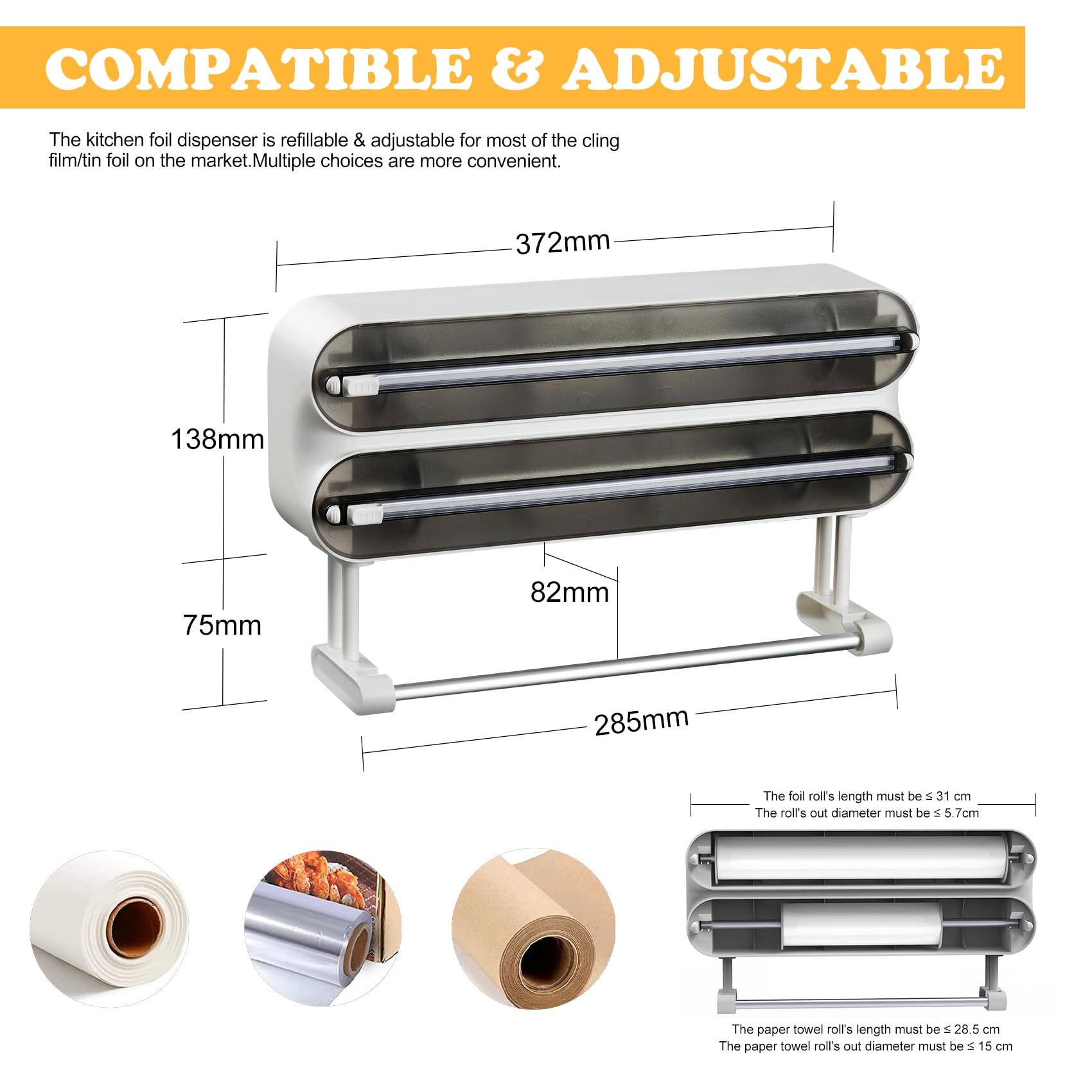 Distributeur Papier Aluminium et Film avec Port Essuie Tout - Magnétique et Murale sans Percer, Derouleur Film Alimentaire - Organisateur de Cuisine Gain de Place, INCL. Rouleau 50m, Noir