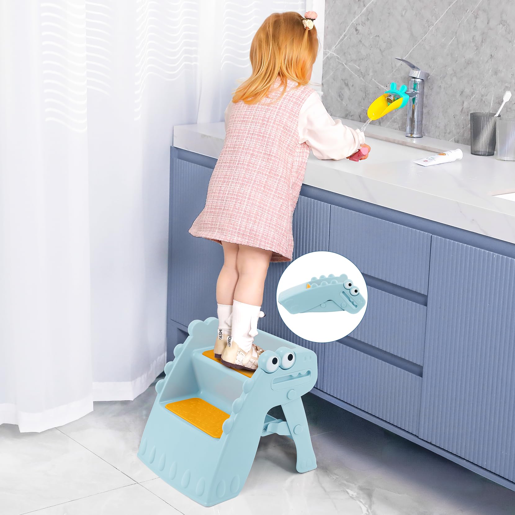 Tritthocker Kinder, Hocker Kinder Klappbar Tritthocker 2 Stufen, Rutschfester Hocker Kinder Bad Anti-Kipp Trittschemel für Baby Kinderhocker für Badezimmer und Küche (Blau)