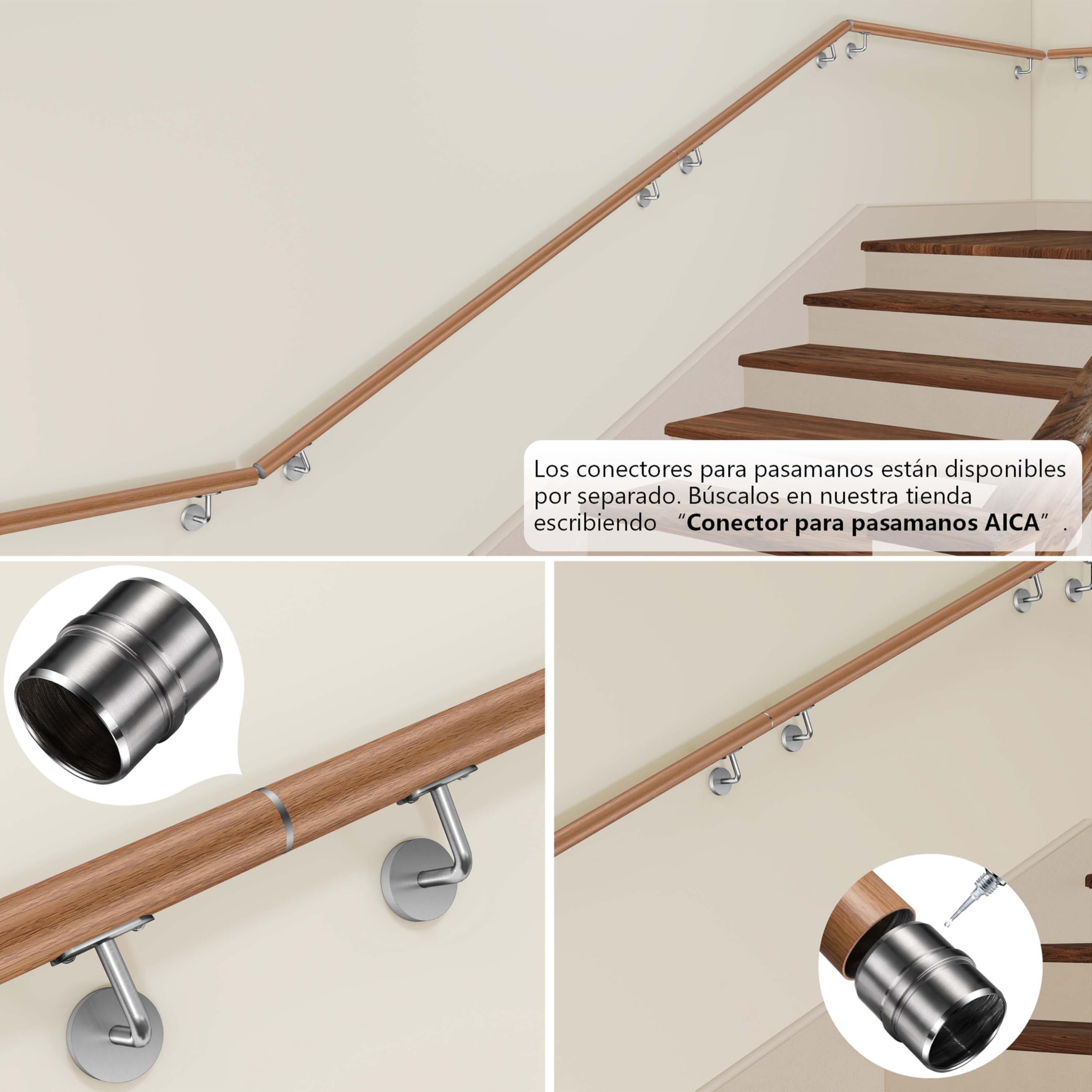 AICA Barandilla de escalera, Pasamanos de acero inoxidable 304 acabado madera marrón, 80 cm con 2 soportes, para Interior y Exterior