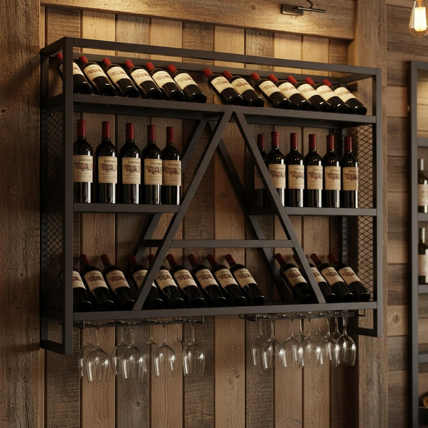 Wall Mounted Wine Rack with LED Lights, 39.4in Metal Wine Bottle and Glass Holder, A-Frame Bar Shelf for Kitchen, Bar, Cafe Wine Rack Background, (Black, 39.4 * 5.9 * 31.5INCHES)