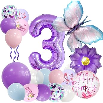 Afritee Birthday Decoration 3 Years Girl - Pack of 25 Butterfly Decoration with Foil Balloon and Balloons in Purple