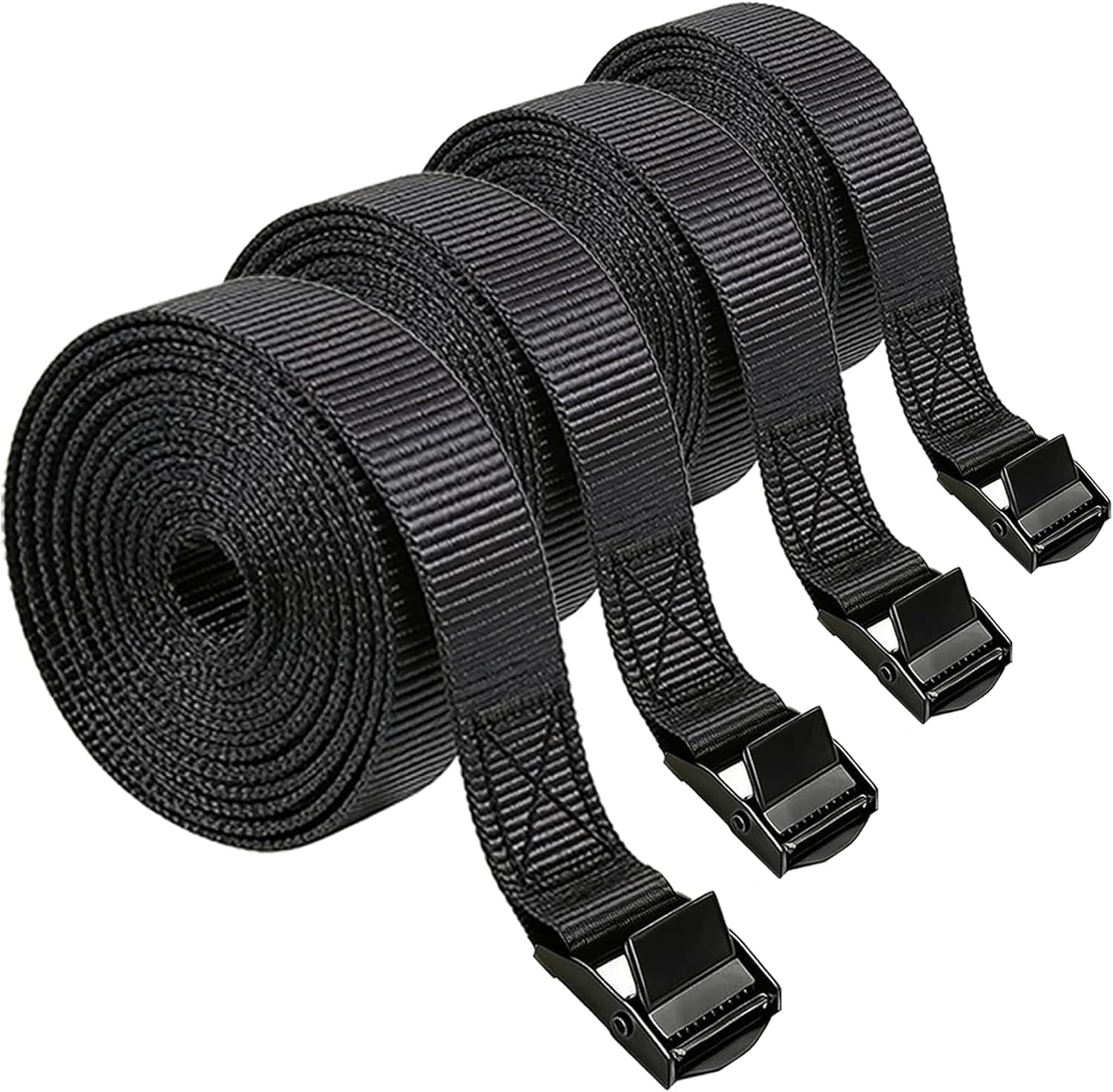 Lashing Straps with Buckles, 4Pack, 1 Inch × 12 Feet, Cargo Tie-Down Strap, Adjustable Cam Buckle Straps for Storage Luggage Trucks,Trailer,Motorcycle (4 Pack Black，1"*12')