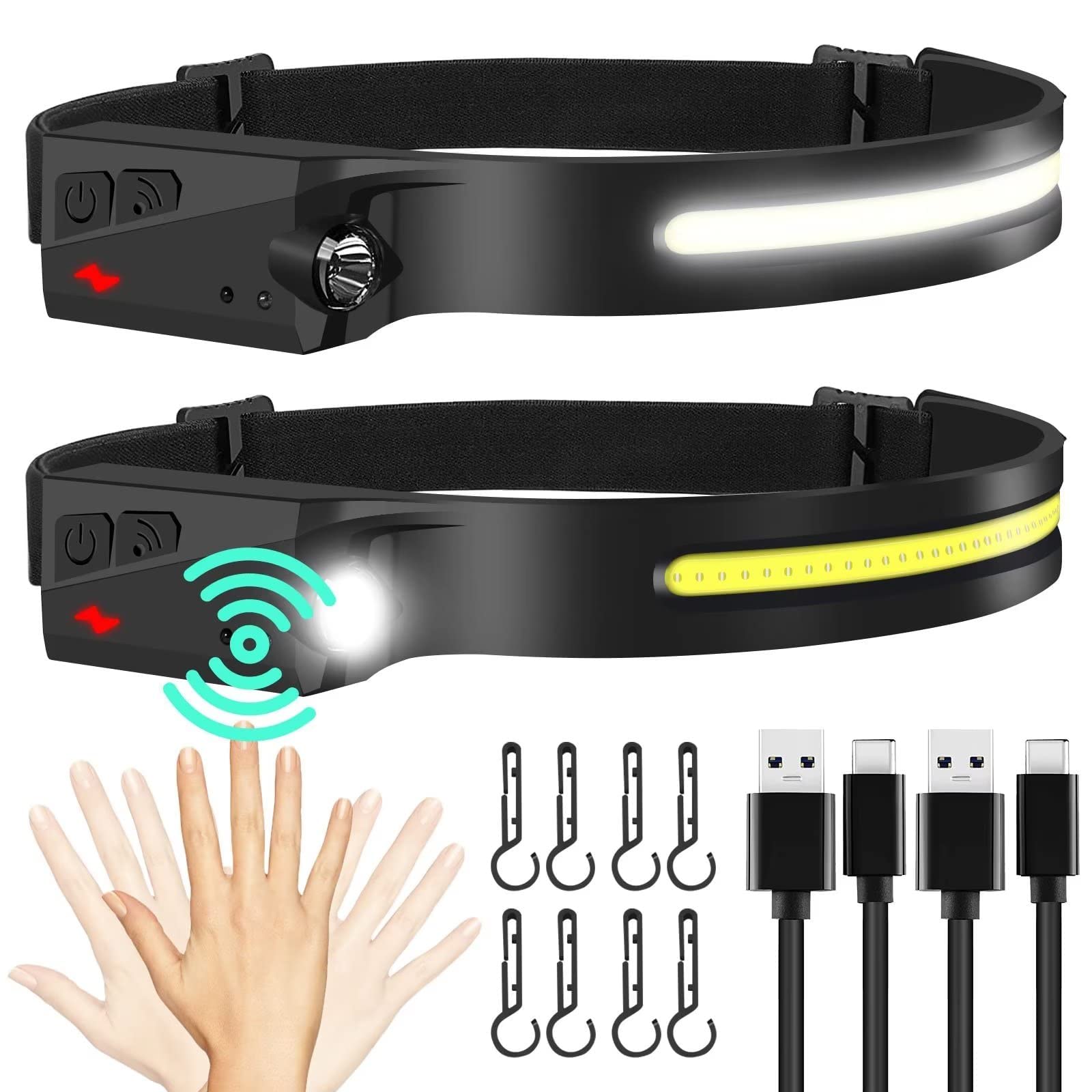 FBKK Rechargeable LED Headlamp 2 Pack, 230°Wide Beam Head Lamp with Motion Sensor, Waterproof Lightweight Headlight Flashlight for Camping, Hiking, Running, Outdoor for Adults and Kids