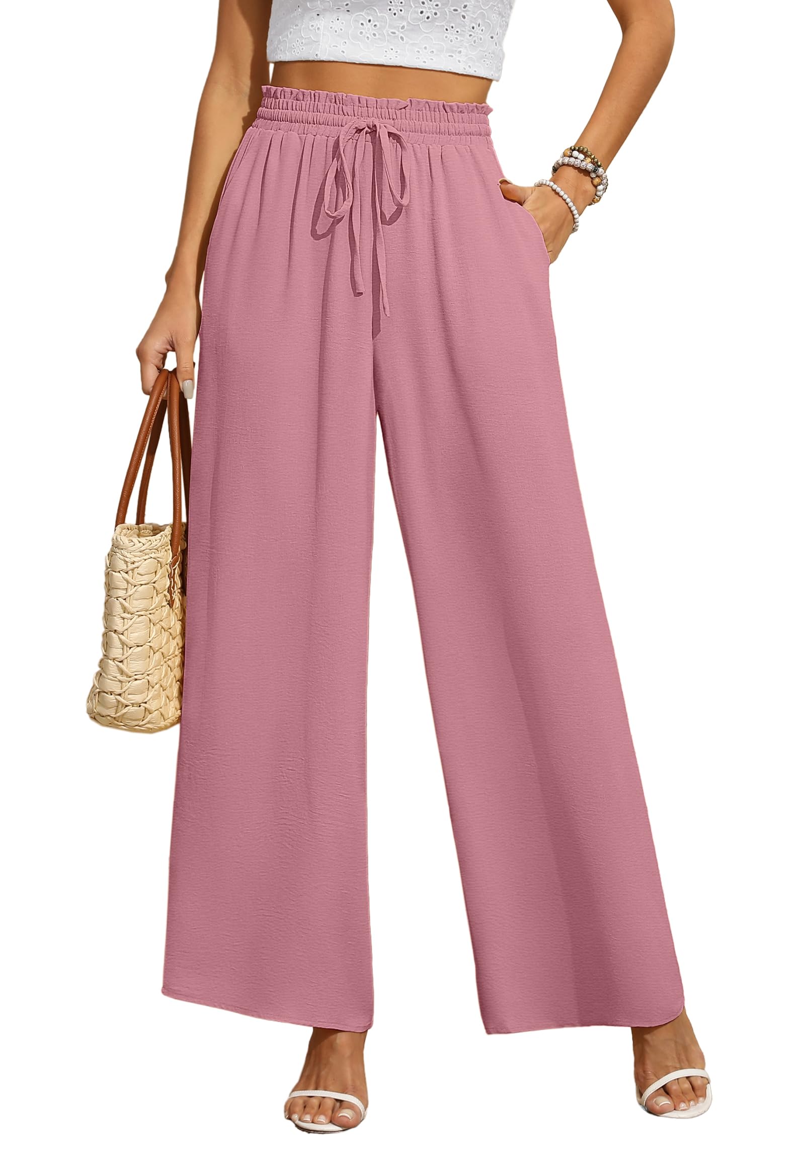 BEIGAI Damen Hosen Weite Lose Gerade Geschnitten Palazzo Hose Hohe Taille Dehnbar Lounge Elegante Hose mit Taschen