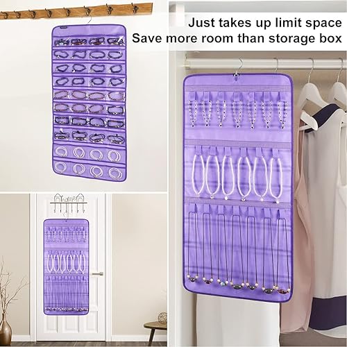 Miniatura 5 de Organizador de joyas colgante de doble cara con 40 bolsillos y 20 bucles de gancho, organizador de joyas para aretes, pulseras, anillos con colgador