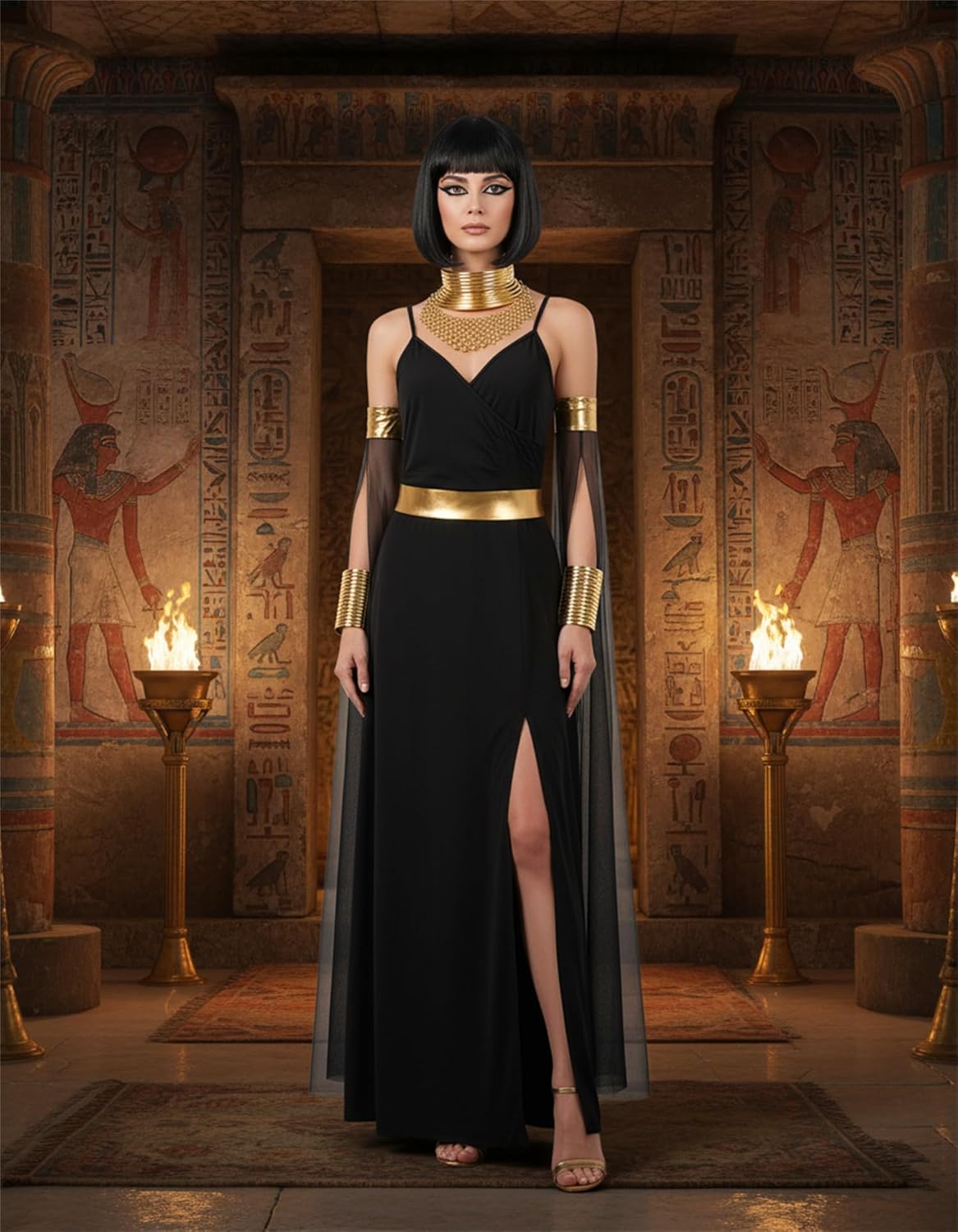 Sureio 9 Pcs Adult Cleopatra Costume for Women, Halloween Egyptian Goddess Dress Cloak Wig Arm Cuff Necklace Collar Earrings - Image 6