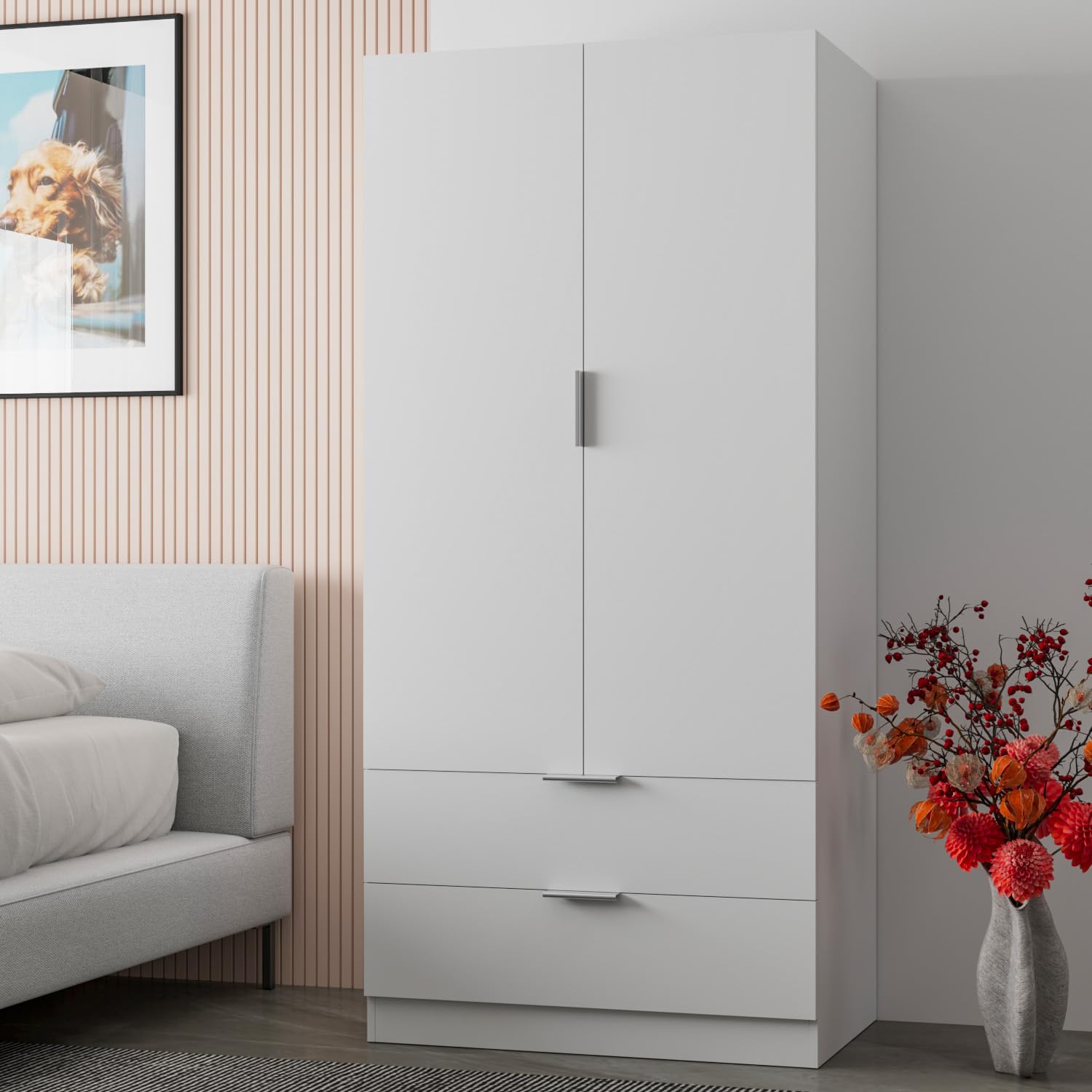 EGLEMTEK Armadio Santa Clara Armadietto Multiuso Per Camera Da Letto Con appendiabiti 2 Ante Con Maniglie In Metallo e 2 Cassetti Ideale Per Arredare La Tua Stanza 180 x 81 x 52 Cm Colore Bianco