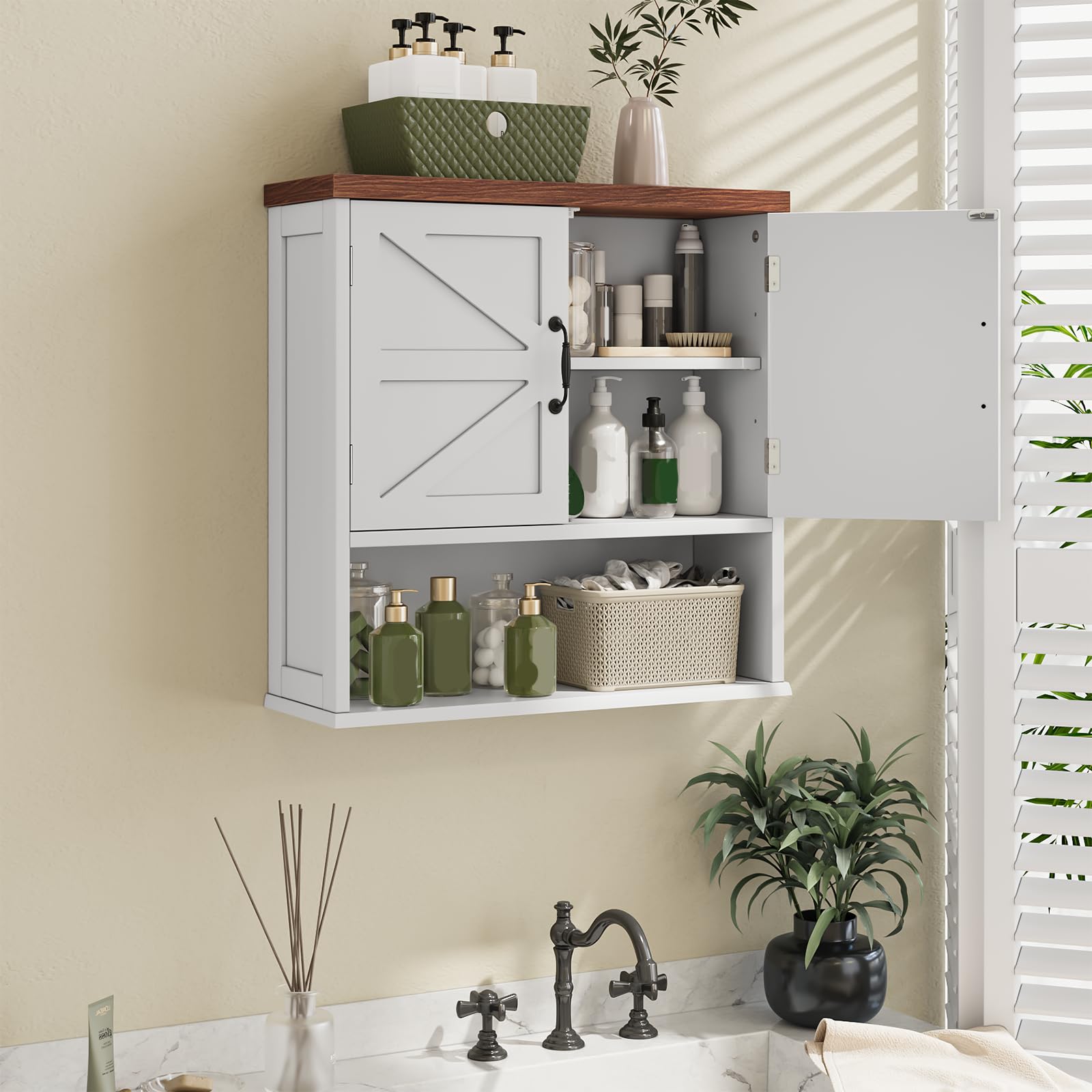 Smuxee Armoire à pharmacie rustique avec deux portes de grange, petite armoire de salle de bain avec étagère réglable, armoire murale pour salle de bain, salon, buanderie